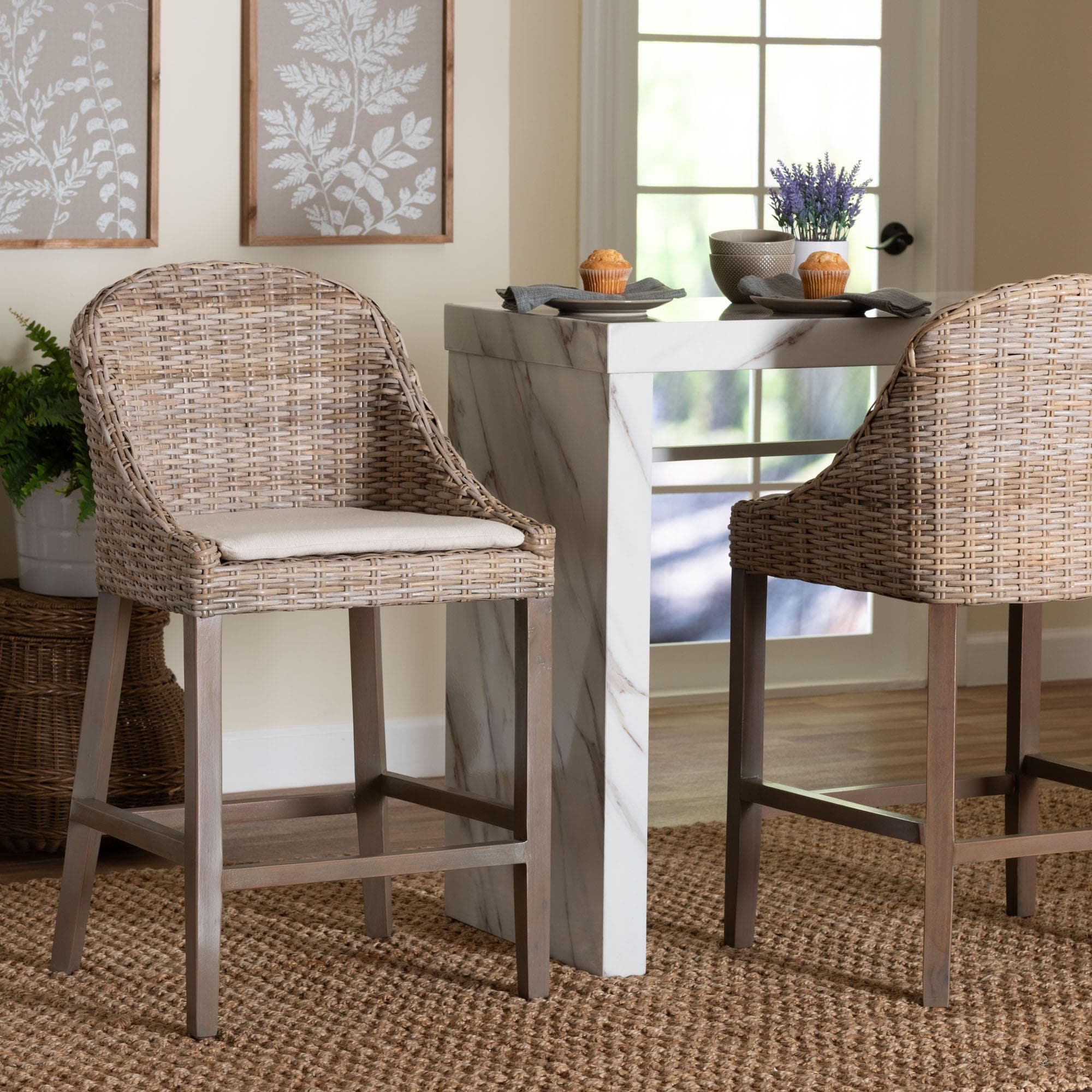 Lara Kubu Rattan Counter Stool With Cushion Handwoven Wicker Accent Stool With Wingback Design For Kitchen Island