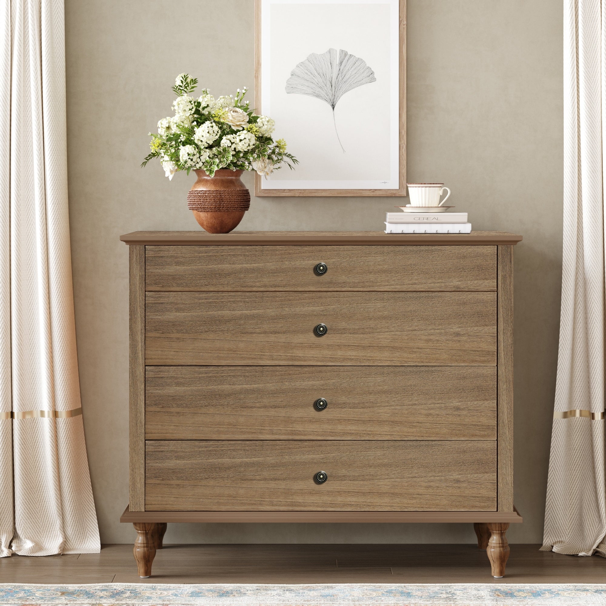 Large 4 Drawer Chest With Solid Wood Foot Dresser With Metal Drawer Knobs