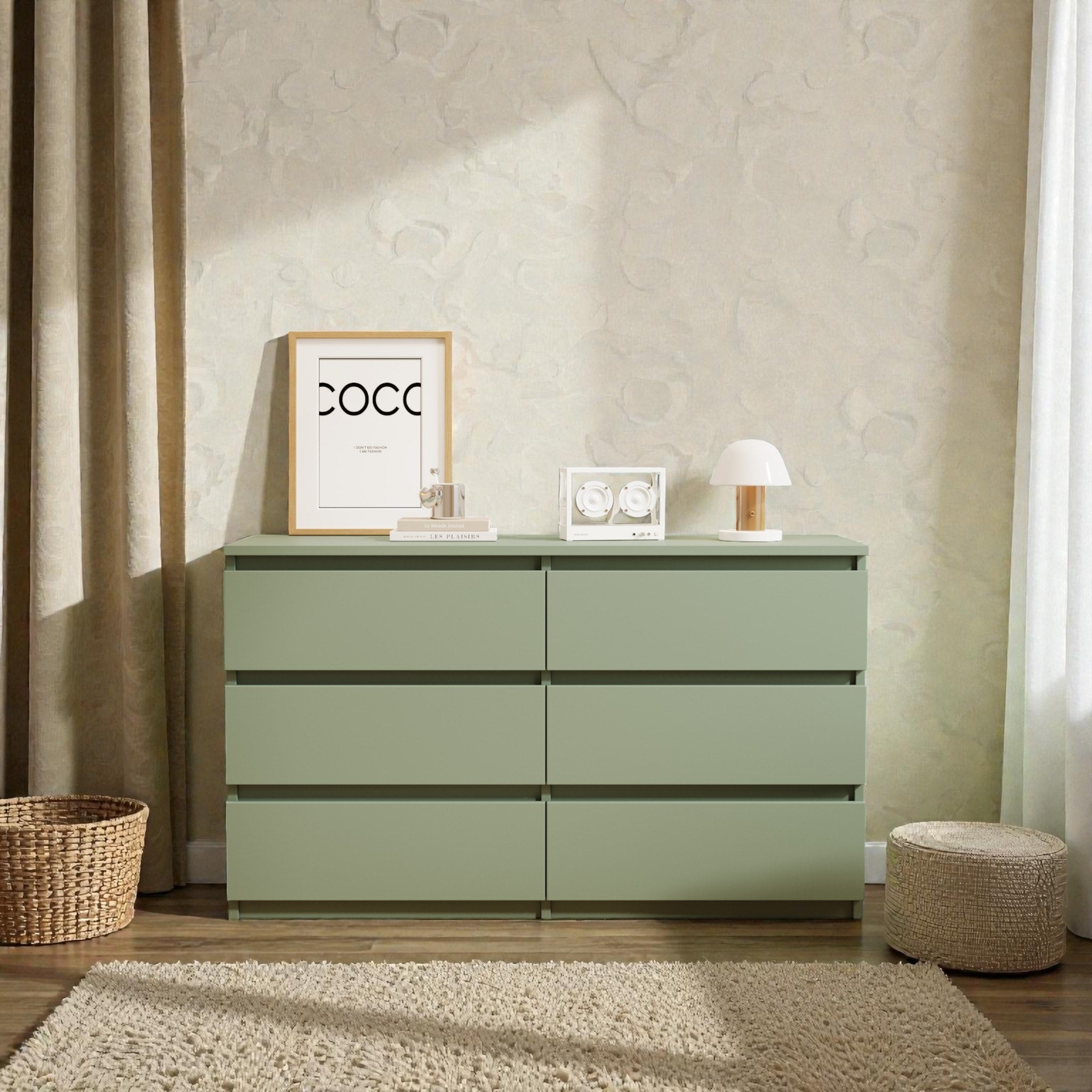Large 6 Drawer Dresser Chest Green Wooden Storage Cabinet With Extra Deep Drawers For Bedroom