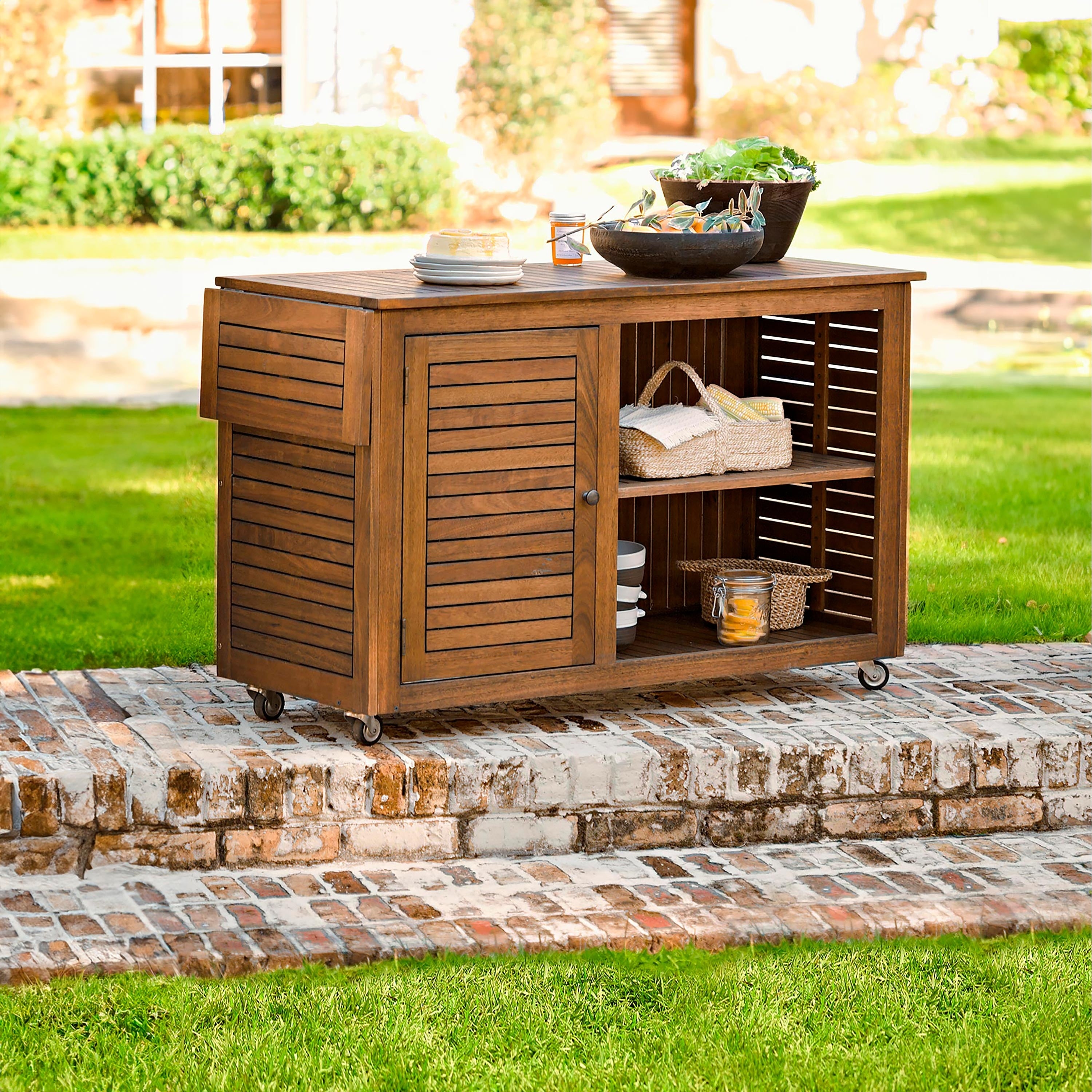 Large Eucalyptus Wood Rolling Outdoor Bar Cart Natural