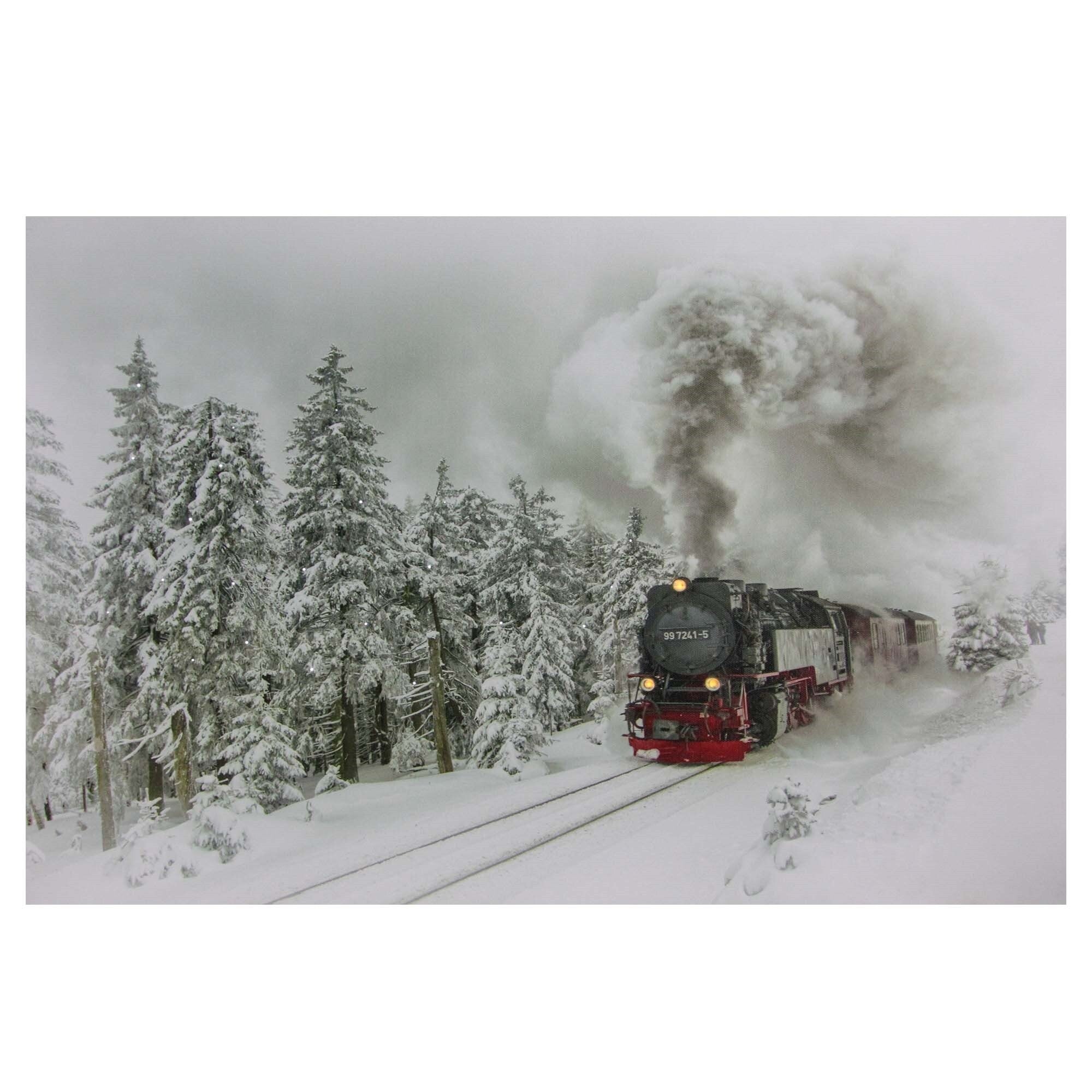 Large Fiber Optic And Led Lighted Winter Woods With Train Canvas Wall Art 23.5 X 15.5 White