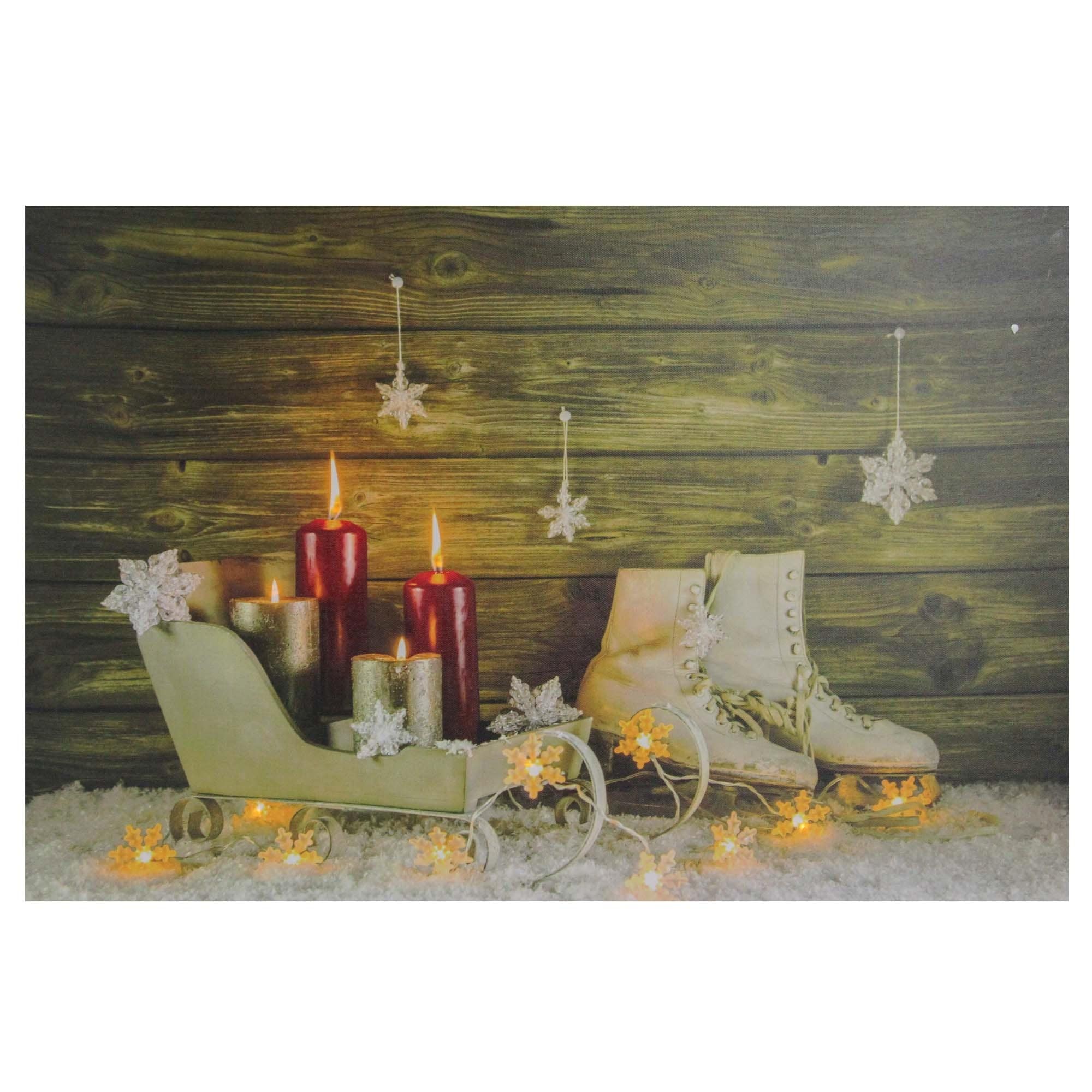 Large Led Lighted Candles Ice Skates And Sleigh Christmas Canvas Wall Art 23.5 X 15.5 Brown