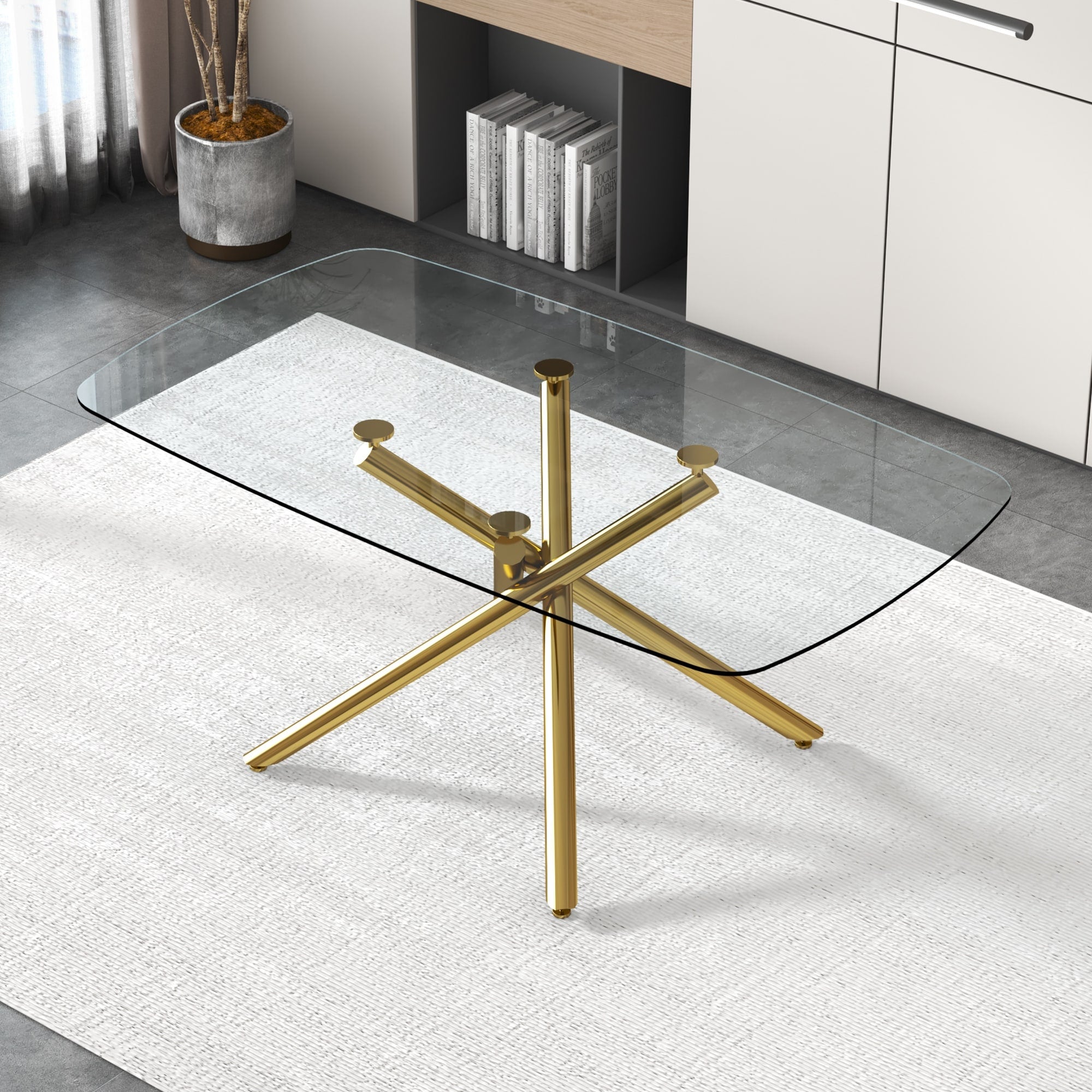 Large Modern Minimalist Rectangular Glass Dining Table With 0.39 Tempered Glass Top And Gilded Metal Legs For Kitchen Golden
