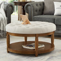 Large Round Upholstered Tufted Linen Ottoman Coffee Table Large Footrest Ottoman With Wood Shelf Storage