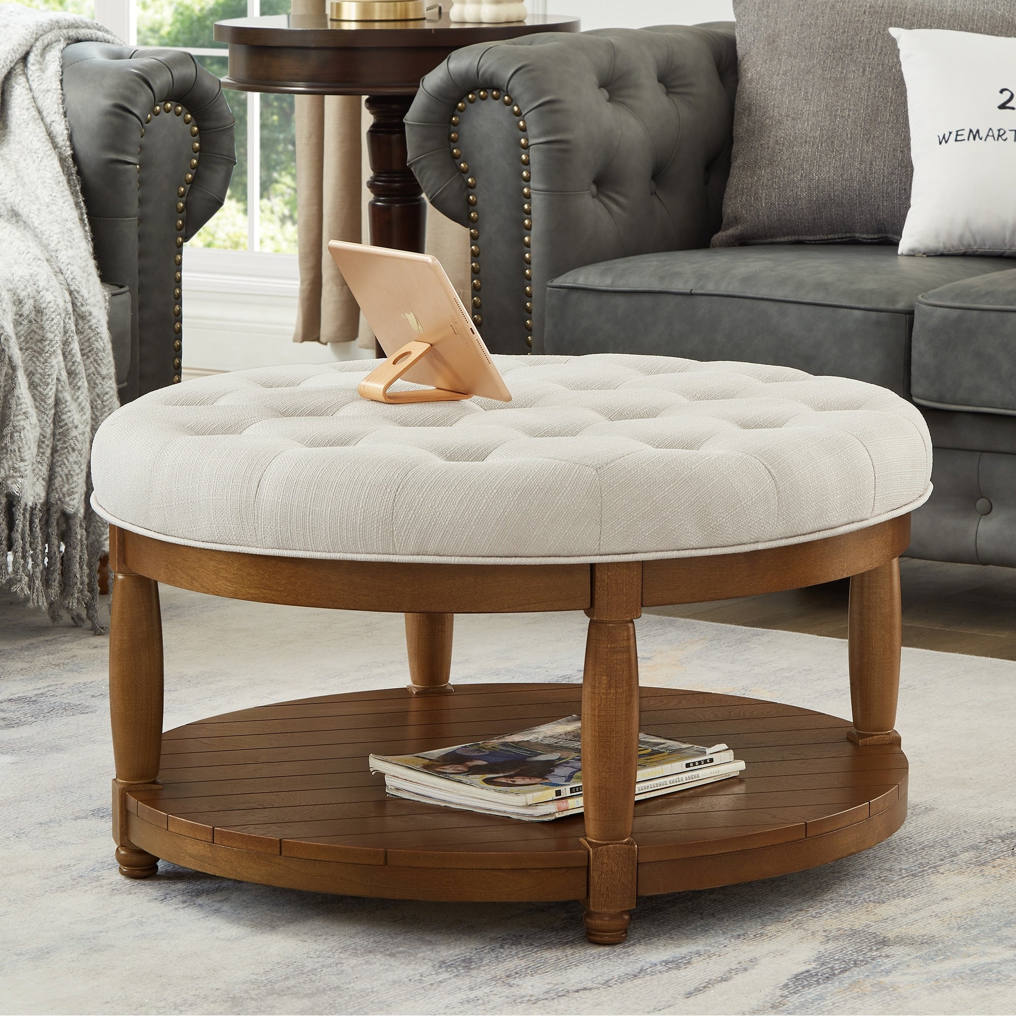 Large Round Upholstered Tufted Linen Ottoman Coffee Table Large Footrest Ottoman With Wood Shelf Storage