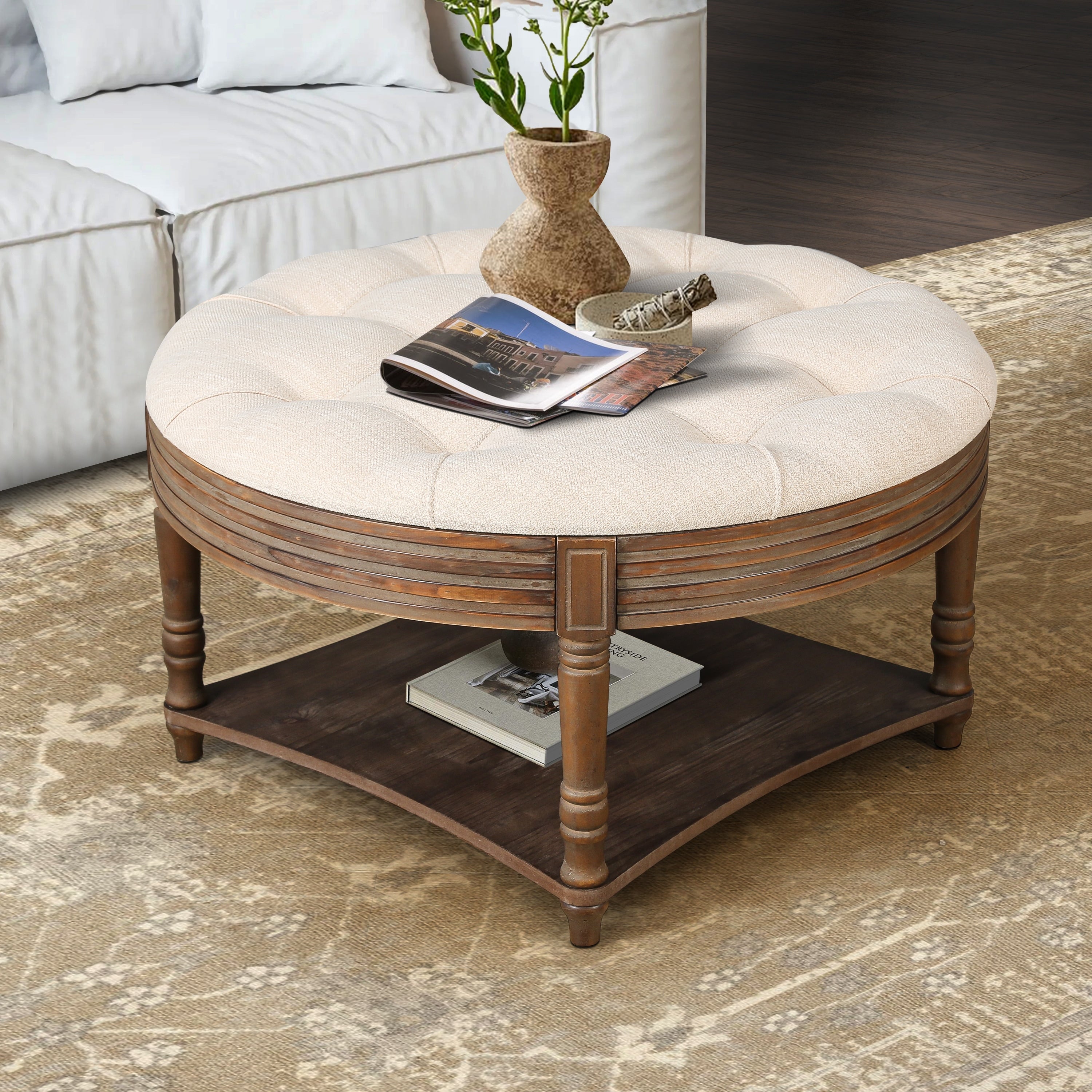 Large Round Waterproof Ottoman Coffee Table With Wooden Shelf Storage
