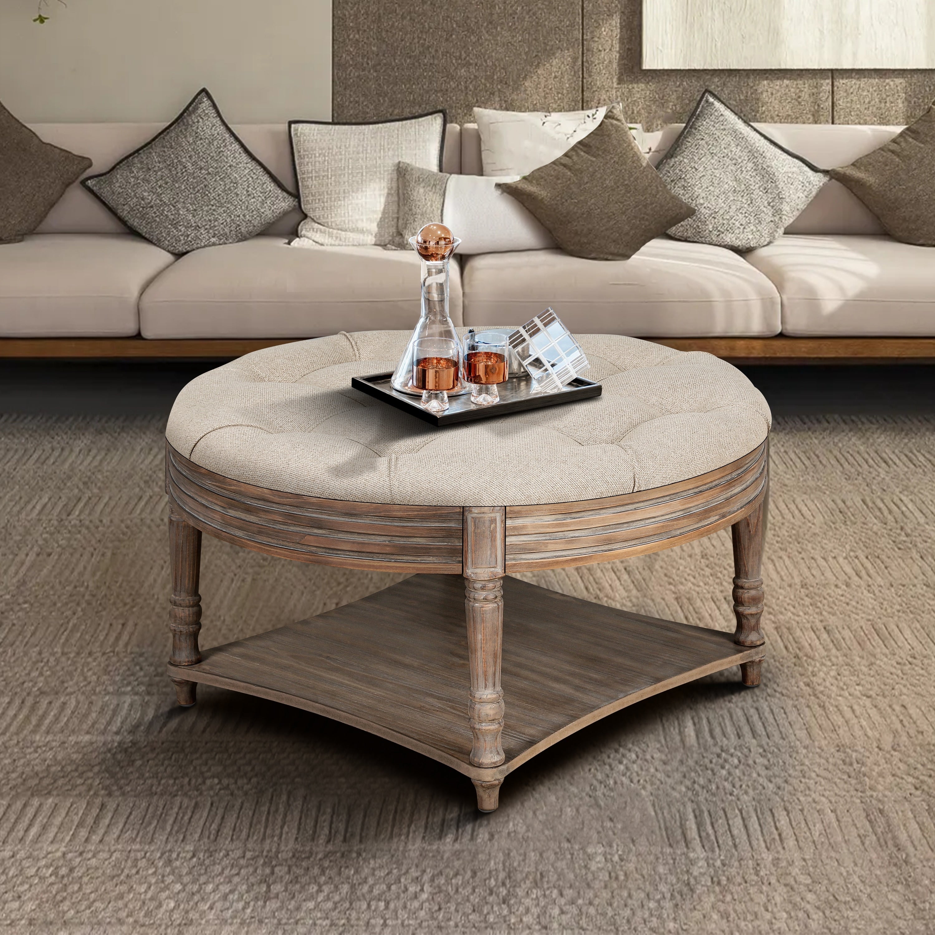 Large Round Waterproof Ottoman Coffee Table With Storage And Shelf