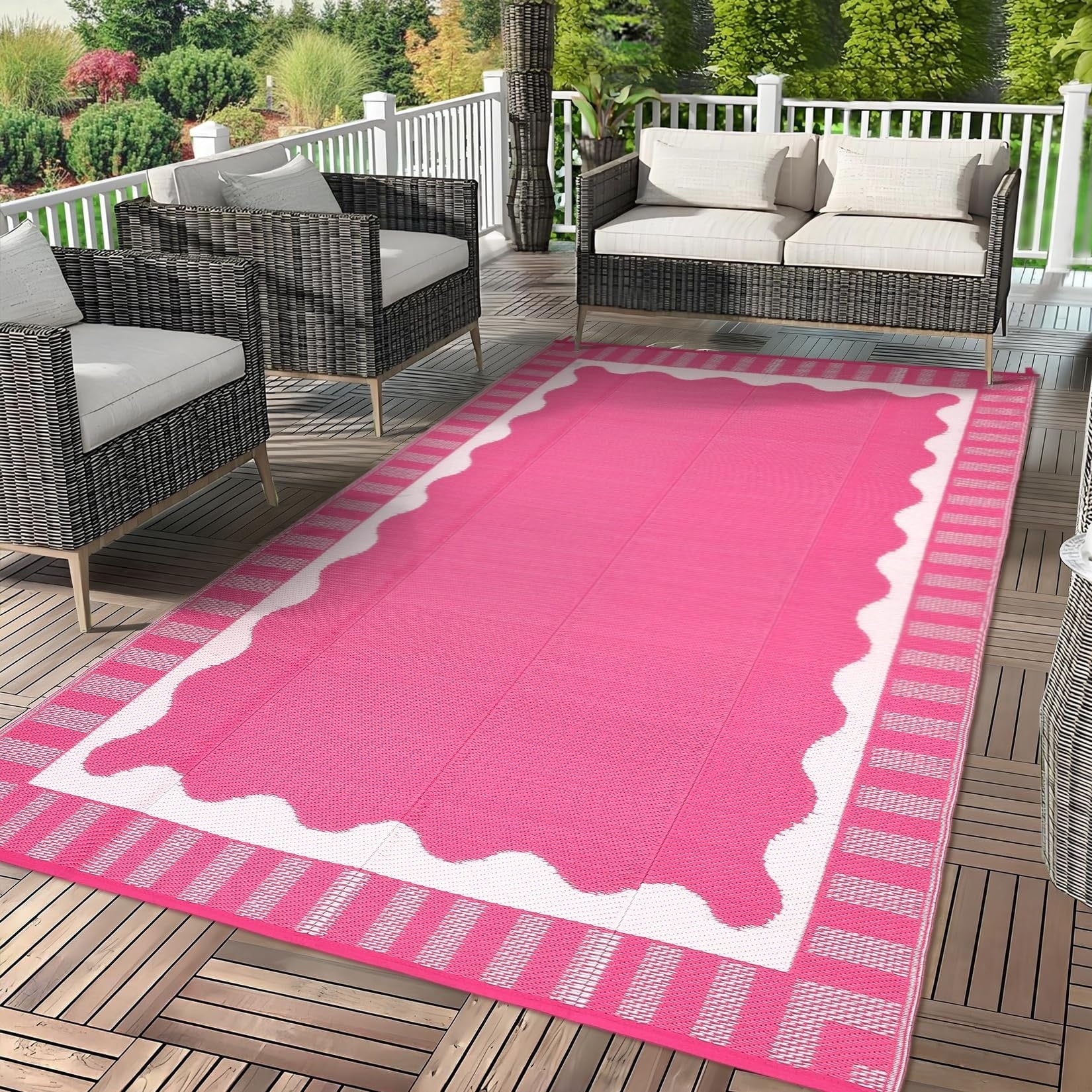 Large Scalloped Outdoor Rug Patio Rugs Outdoor Waterproof Reversible Plastic Straw Camping Rug Modern Bordered Outdoor