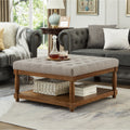 Large Square Upholstered Tufted Linen Ottoman Coffee Table Large Footrest Ottoman With Solid Wood Shelf