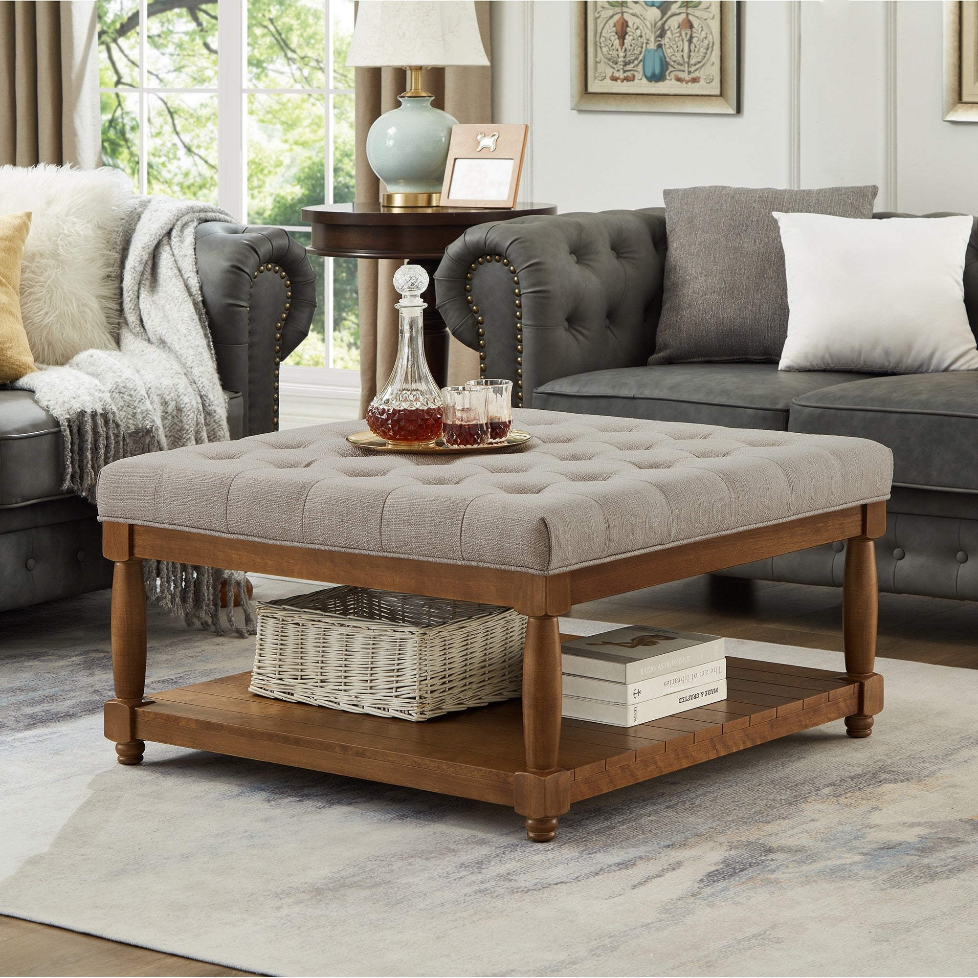 Large Square Upholstered Tufted Linen Ottoman Coffee Table Large Footrest Ottoman With Solid Wood Shelf