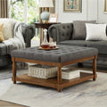 Large Square Upholstered Tufted Linen Ottoman Coffee Table Large Footrest Ottoman With Solid Wood Shelf