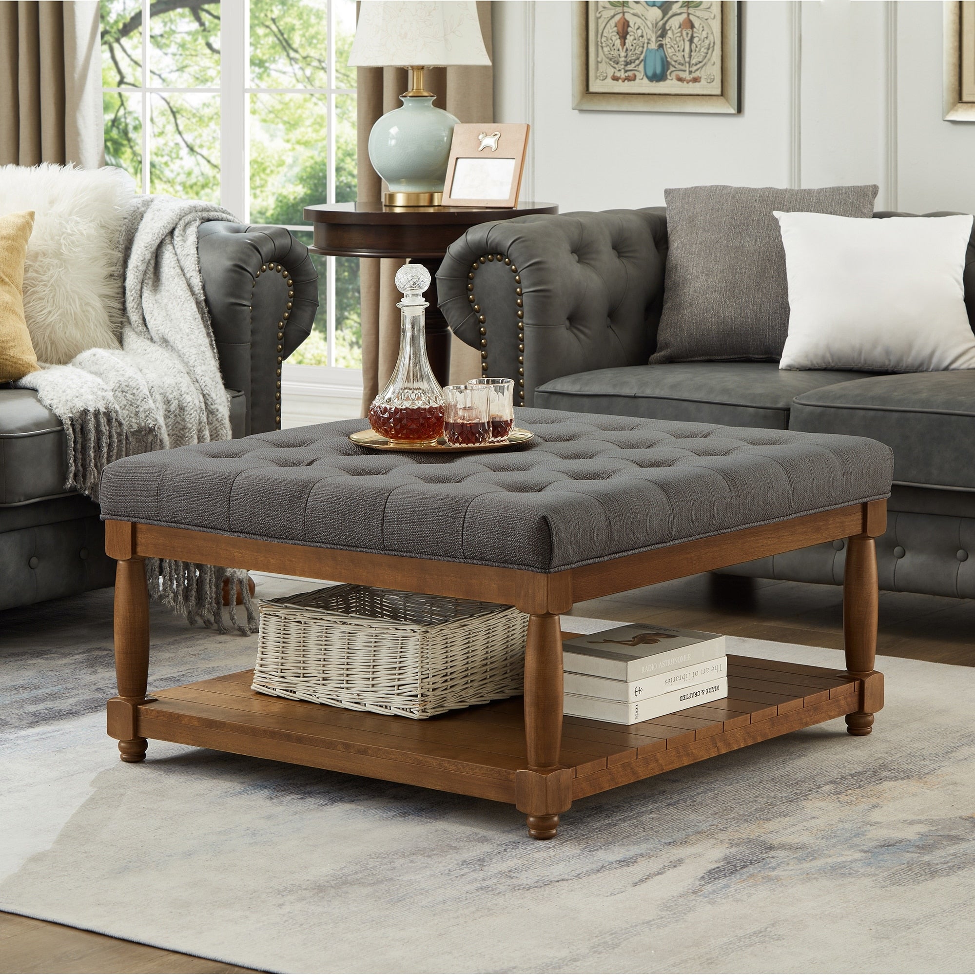 Large Square Upholstered Tufted Linen Ottoman Coffee Table Large Footrest Ottoman With Solid Wood Shelf
