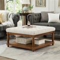 Large Square Upholstered Tufted Linen Ottoman Coffee Table Large Footrest Ottoman With Solid Wood Shelf