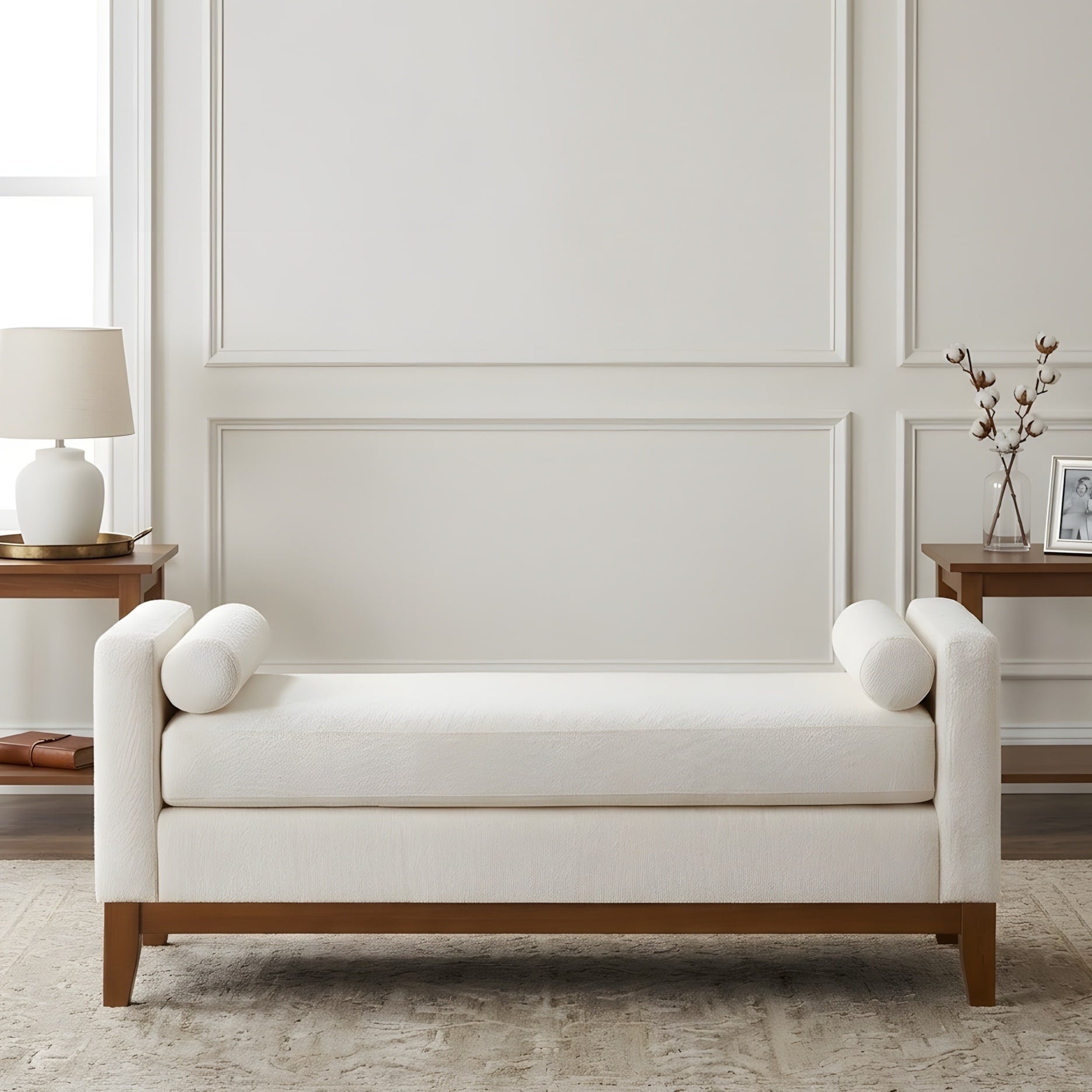 Large Upholstered Boucle Fabric Ottoman With Pillows Comfort Padded Window Bench For Living Room