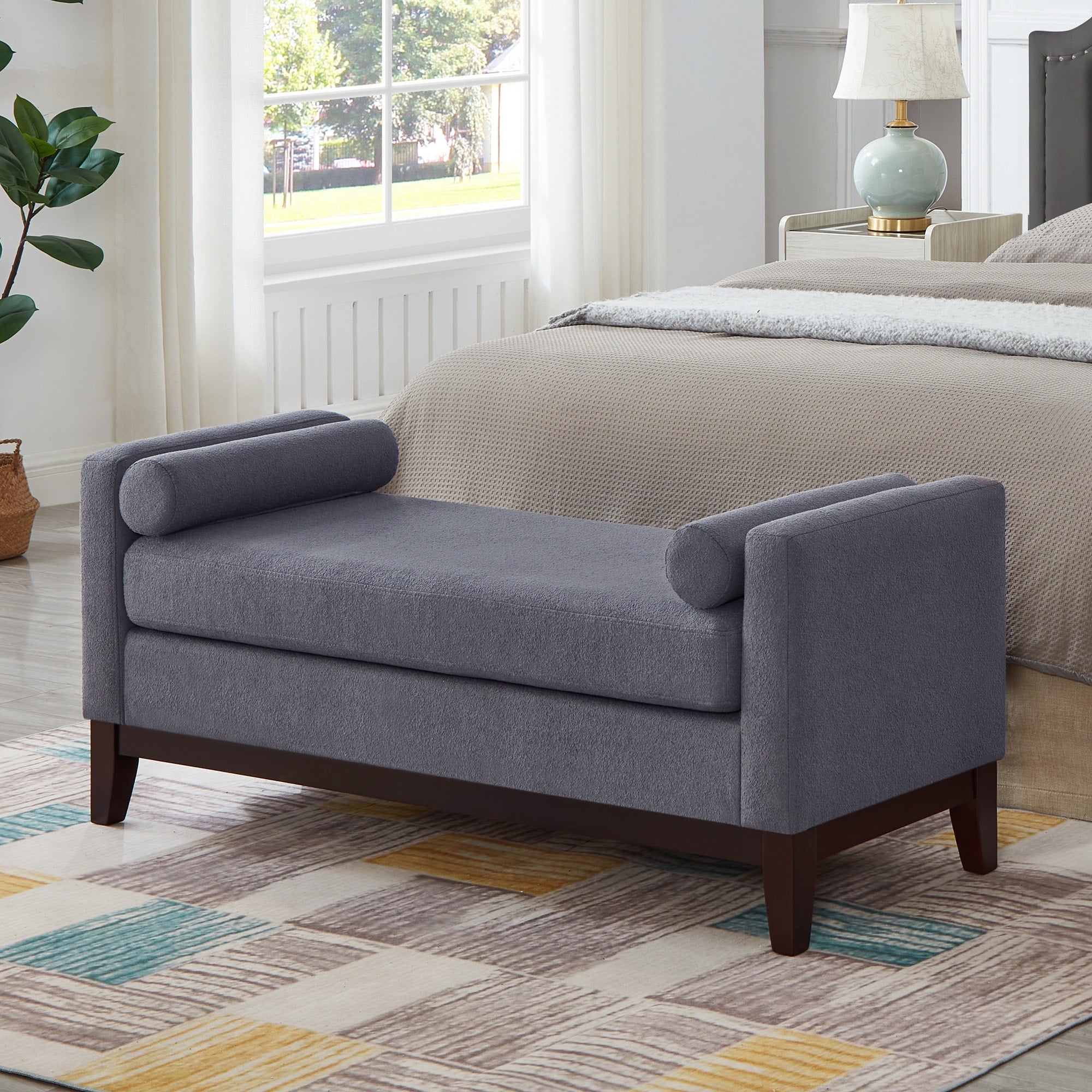 Large Upholstered Boucle Fabric Ottoman With Pillows Comfort Padded Window Bench For Living Room Entryway Bench