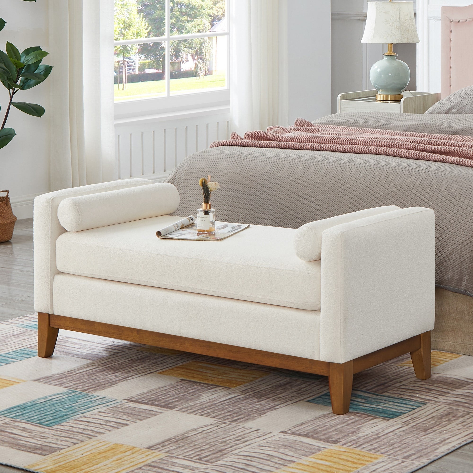 Large Upholstered Boucle Fabric Ottoman With Pillows Comfort Padded Window Bench For Living Room Entryway Bench