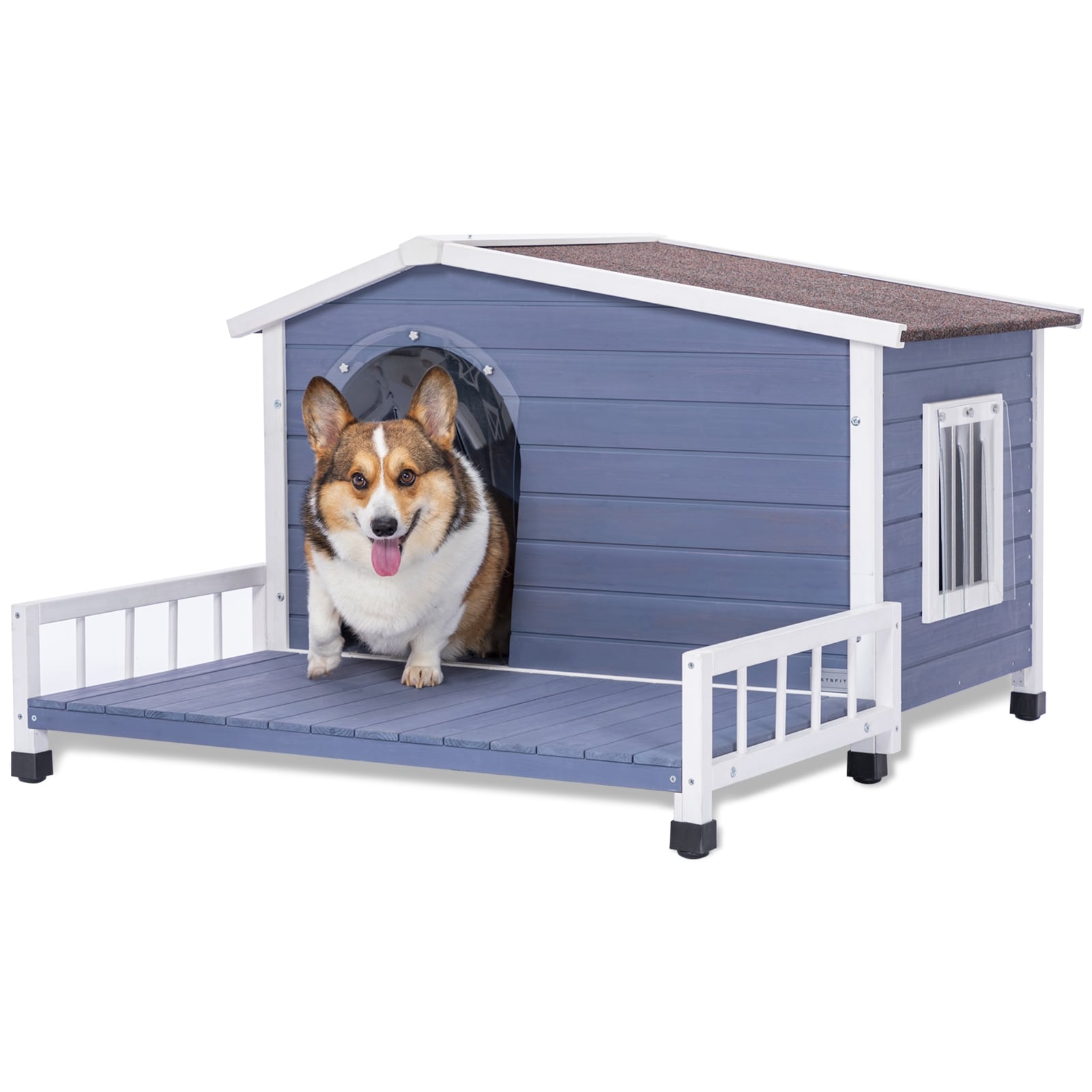 Large Wooden Dog House Indoor Outdoor With Terrace And Waterproof Asphalt Roof With Raised Floor Windows And Door Curtains