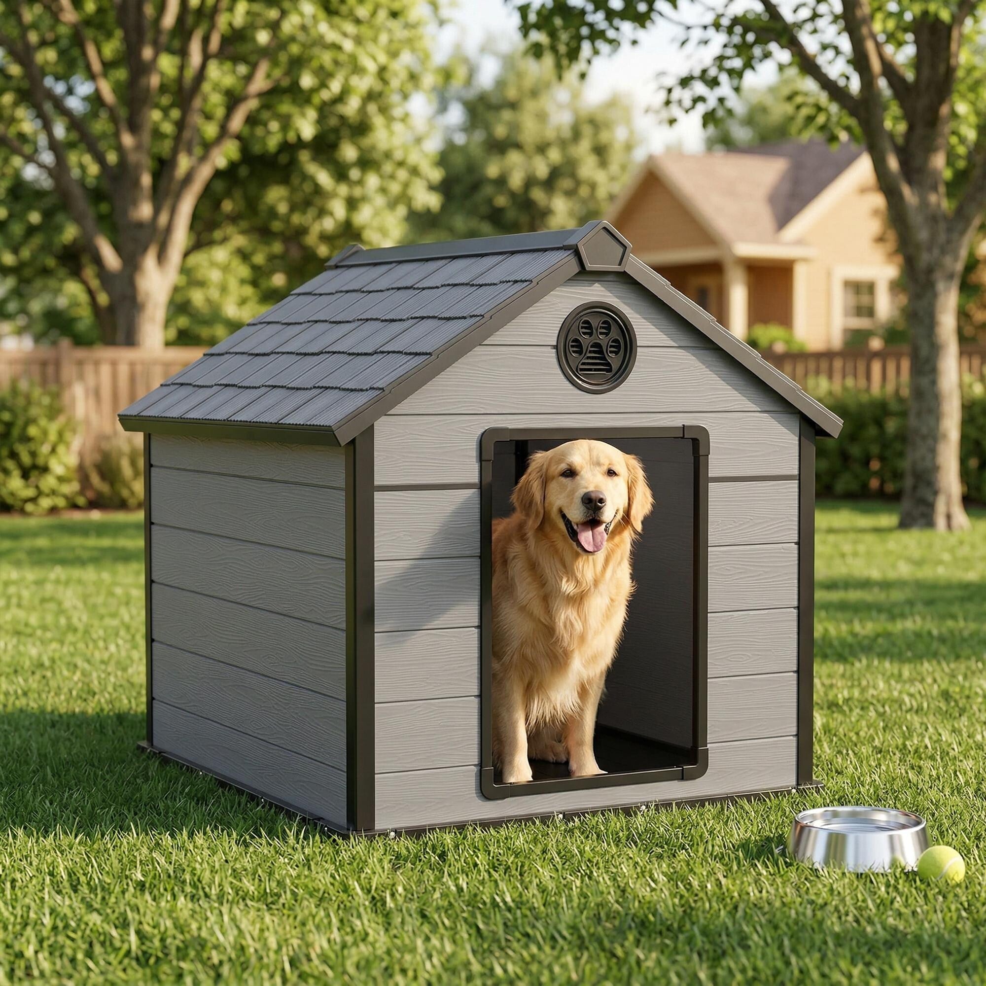 Large Outdoor Dog Kennel Pointed Design Resin Material Waterproof Sun Resistant Suitable For Pets Of All Sizes Black .