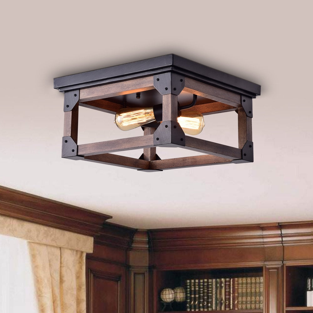 Larissa Black Wood Industrial Square 2 Light Flush Mount Fixture