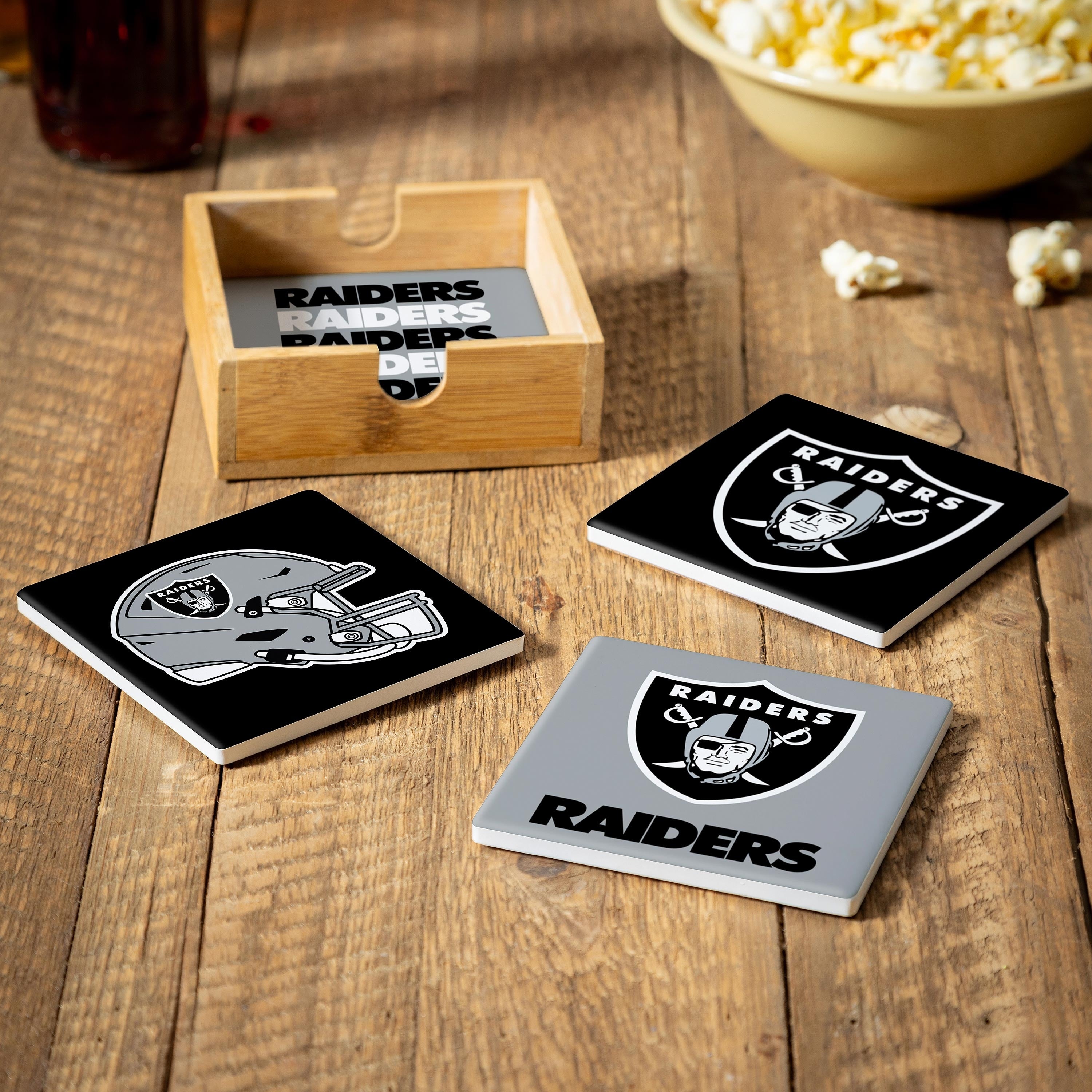 Las Vegas Raiders 4 Piece Ceramic Coasters Set With Wood Caddy