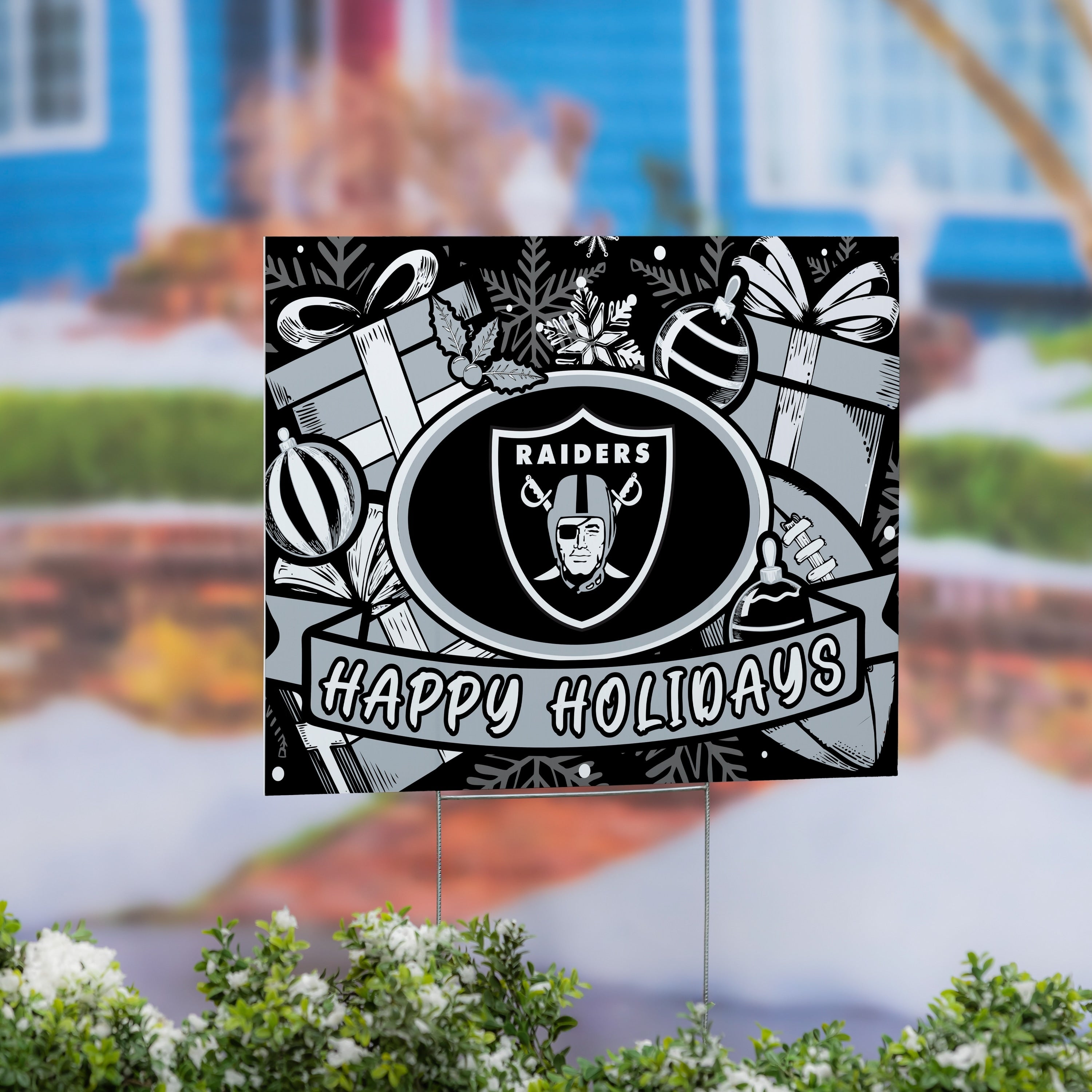 Las Vegas Raiders Coroplast Yard Sign Happy Holidays 24 X 18