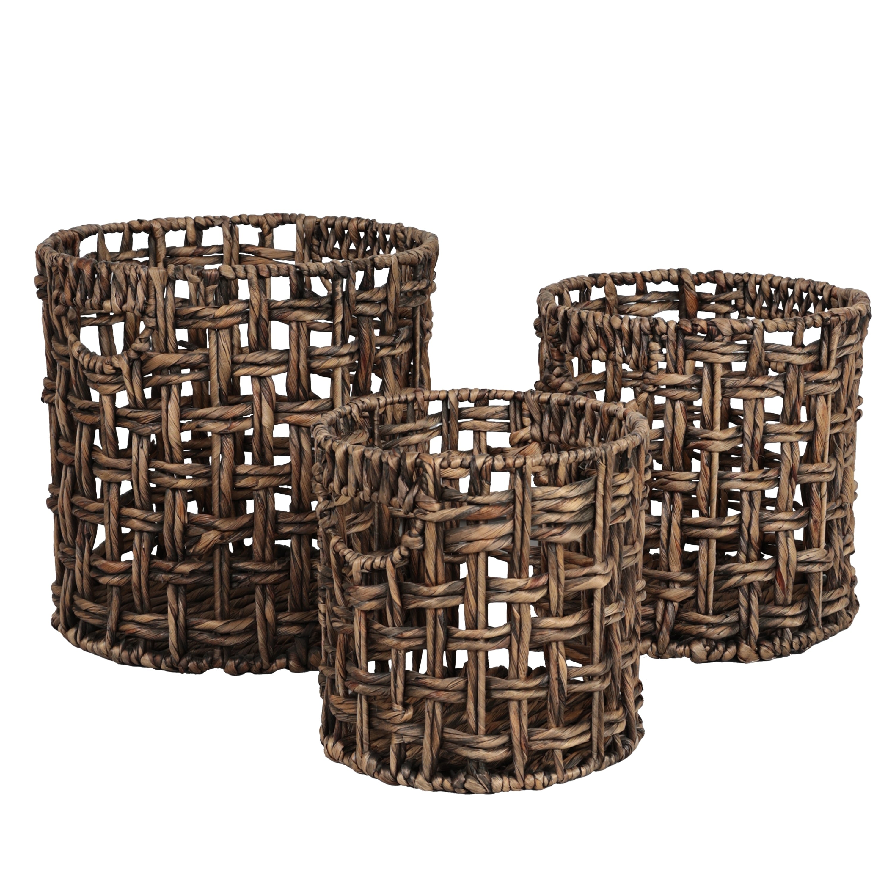 Lasuna Coastal Bohemian Water Hyacinth Handwoven Checker Weave Nesting Baskets With Handles Set Of 3