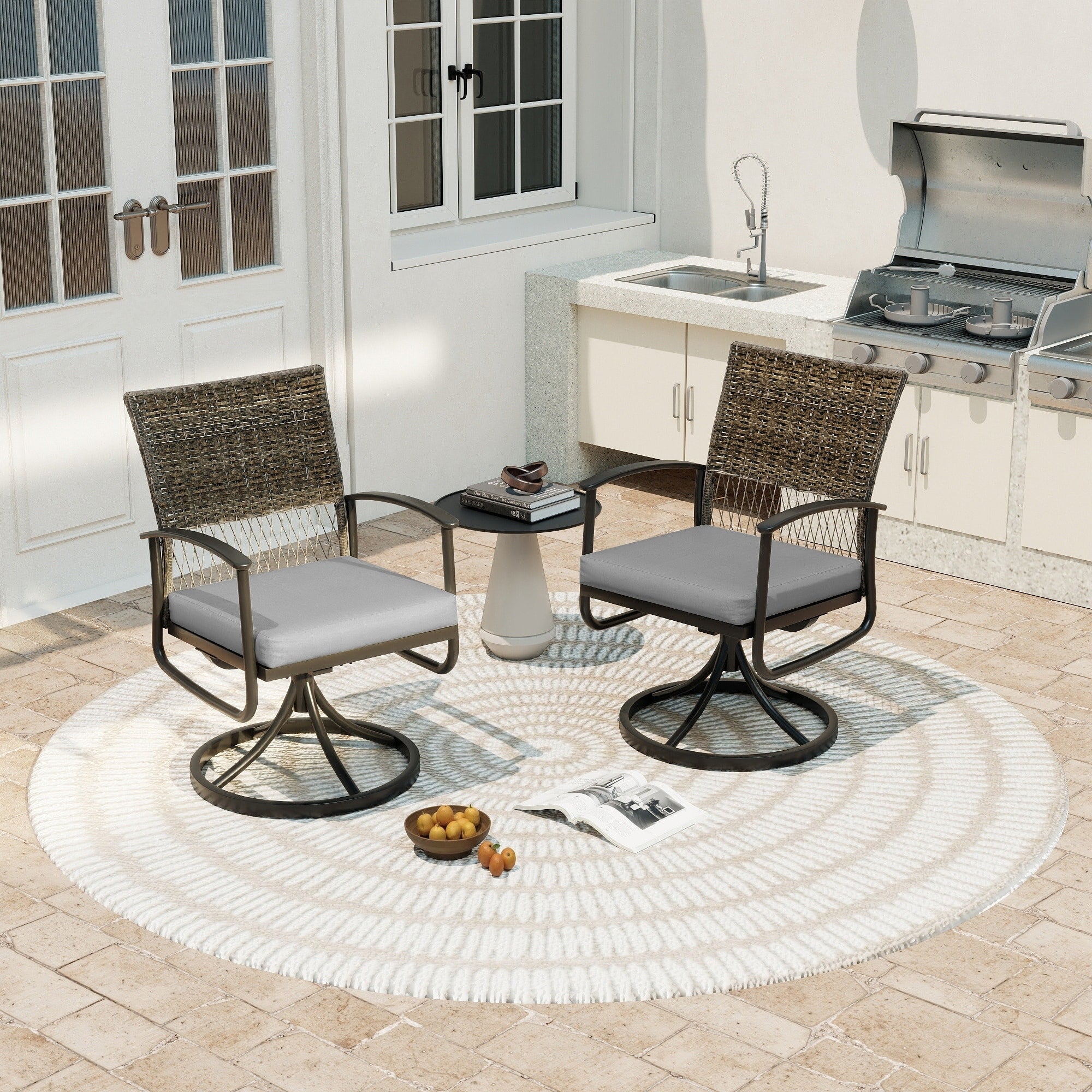 Lattshield 2 Piece Black Metal Outdoor Swivel Chairs With Gray Cushions