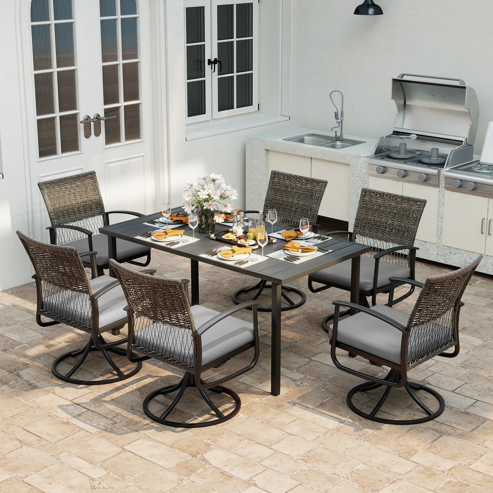 Lattshield 7 Piece Black Metal Outdoor Dining Set With 6 Swivel Dining Chairs And Gray Cushions