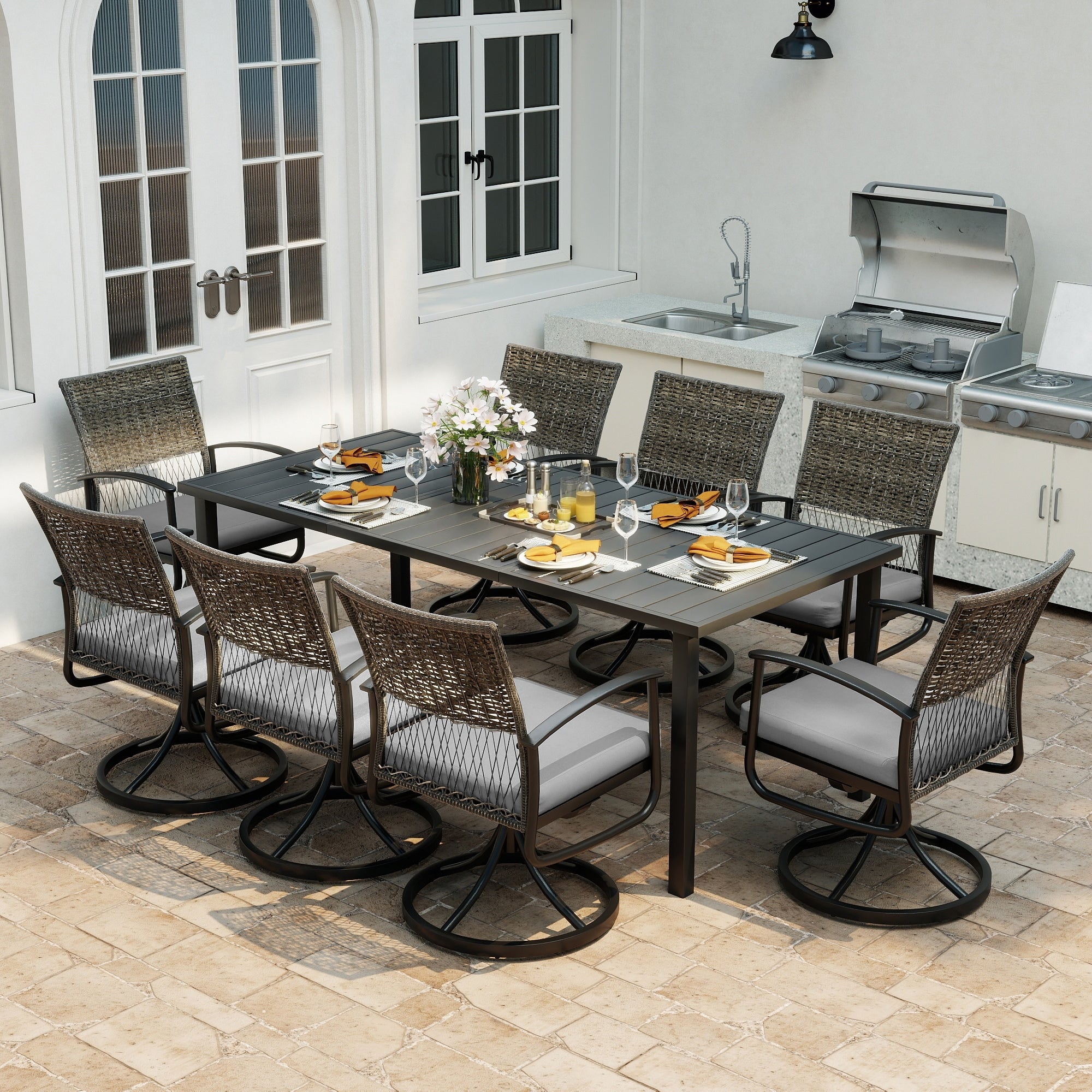 Lattshield 9 Piece Black Metal Outdoor Dining Set With 8 Swivel Dining Chairs And Gray Cushions