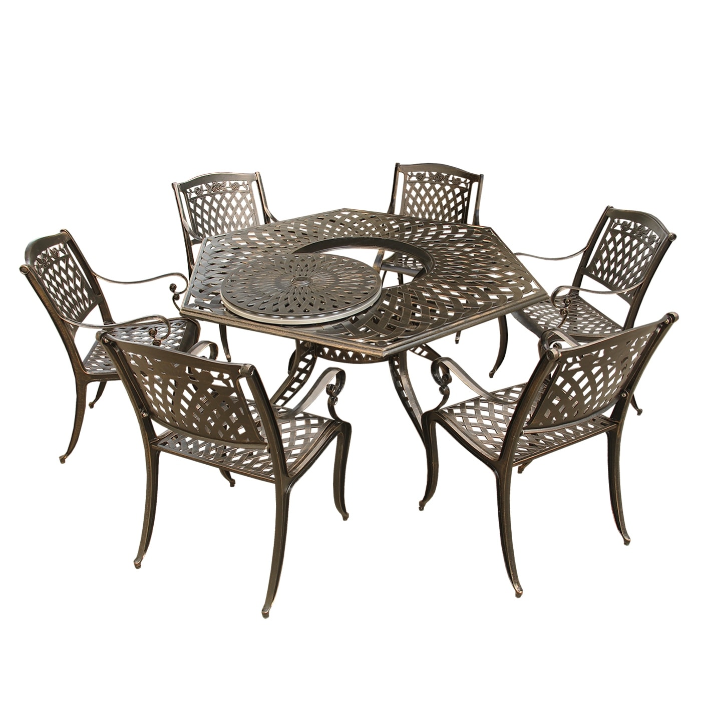 Lattice 63 Inch Hexagon Dining Set With Lazy Susan And Six Chairs