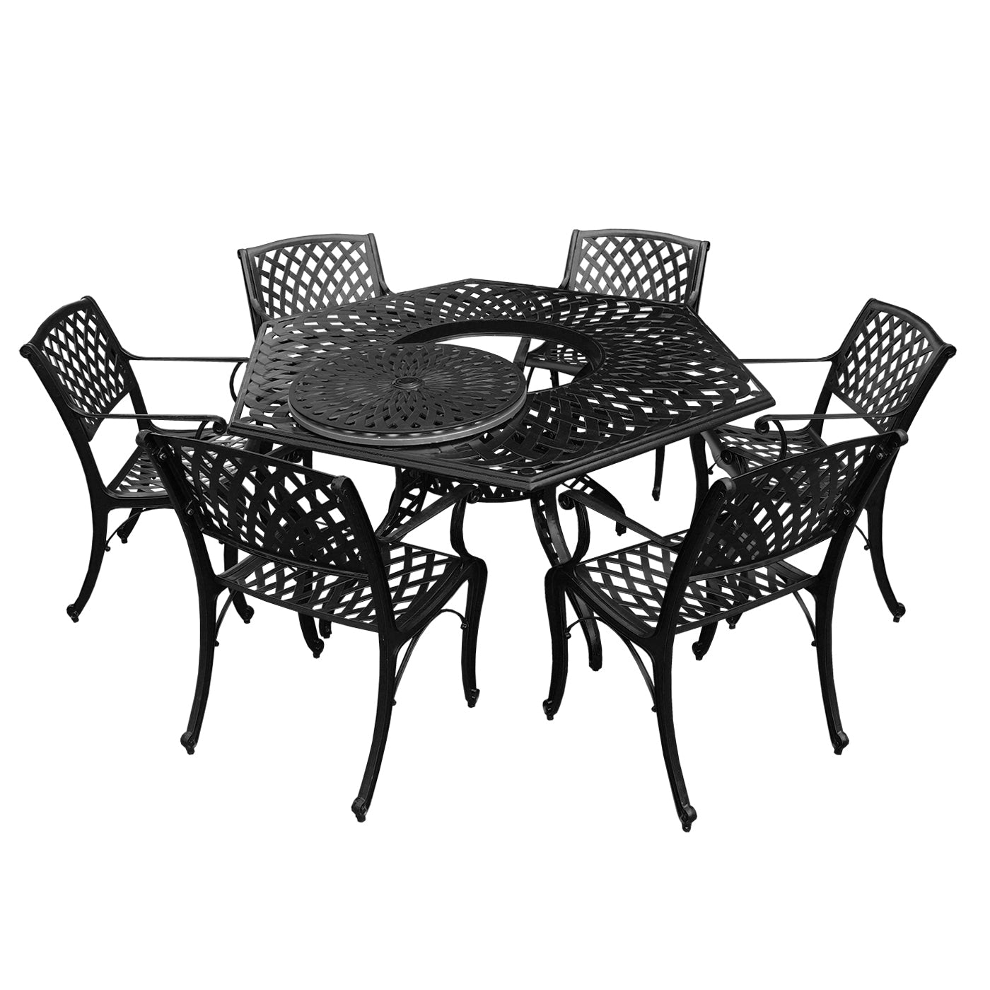 Lattice 63 Inch Hexagon Dining Set With Lazy Susan And Six Chairs