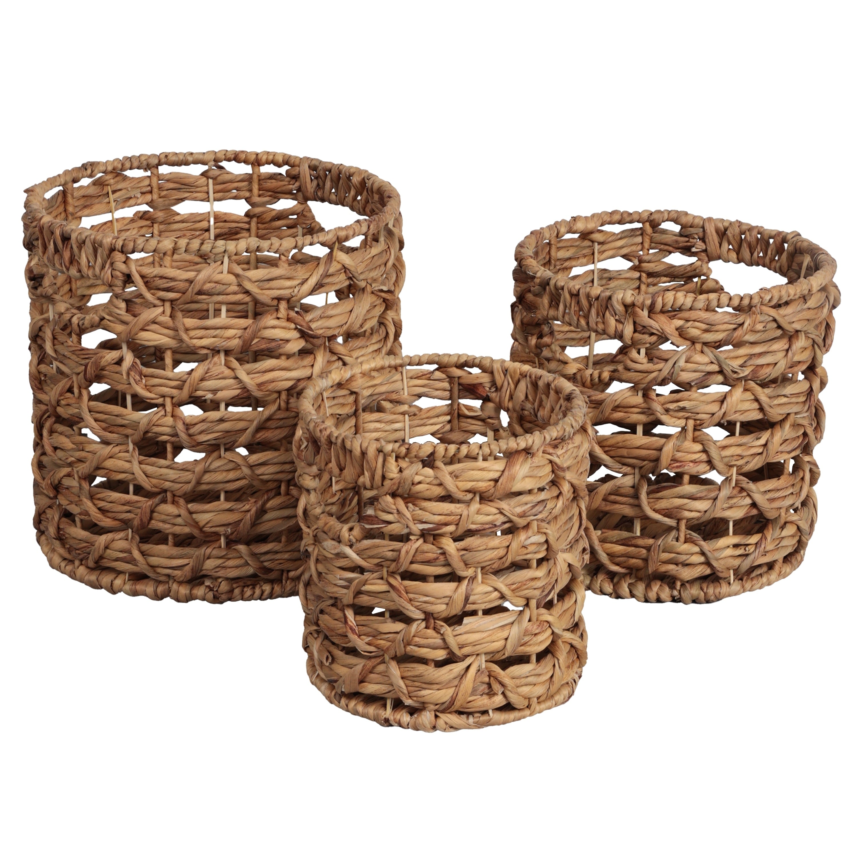 Lattice Bohemian Coastal Handwoven Water Hyacinth Rope Nesting Baskets With Handles Set Of 3
