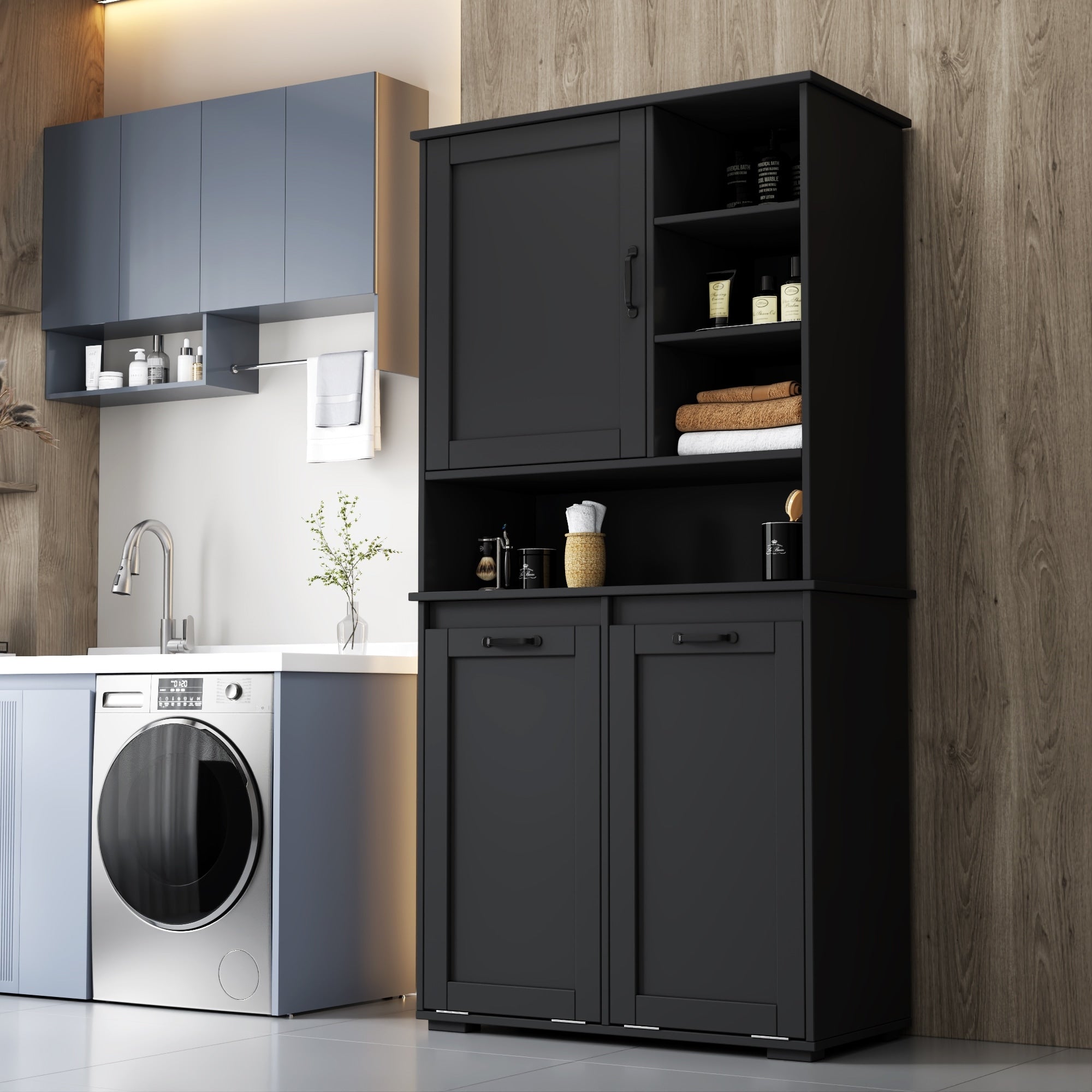 Laundry Cabinet With Doors And Shelf Tilt Out Laundry Hamper Multiple Storage Space Freestanding Style Open Shelve
