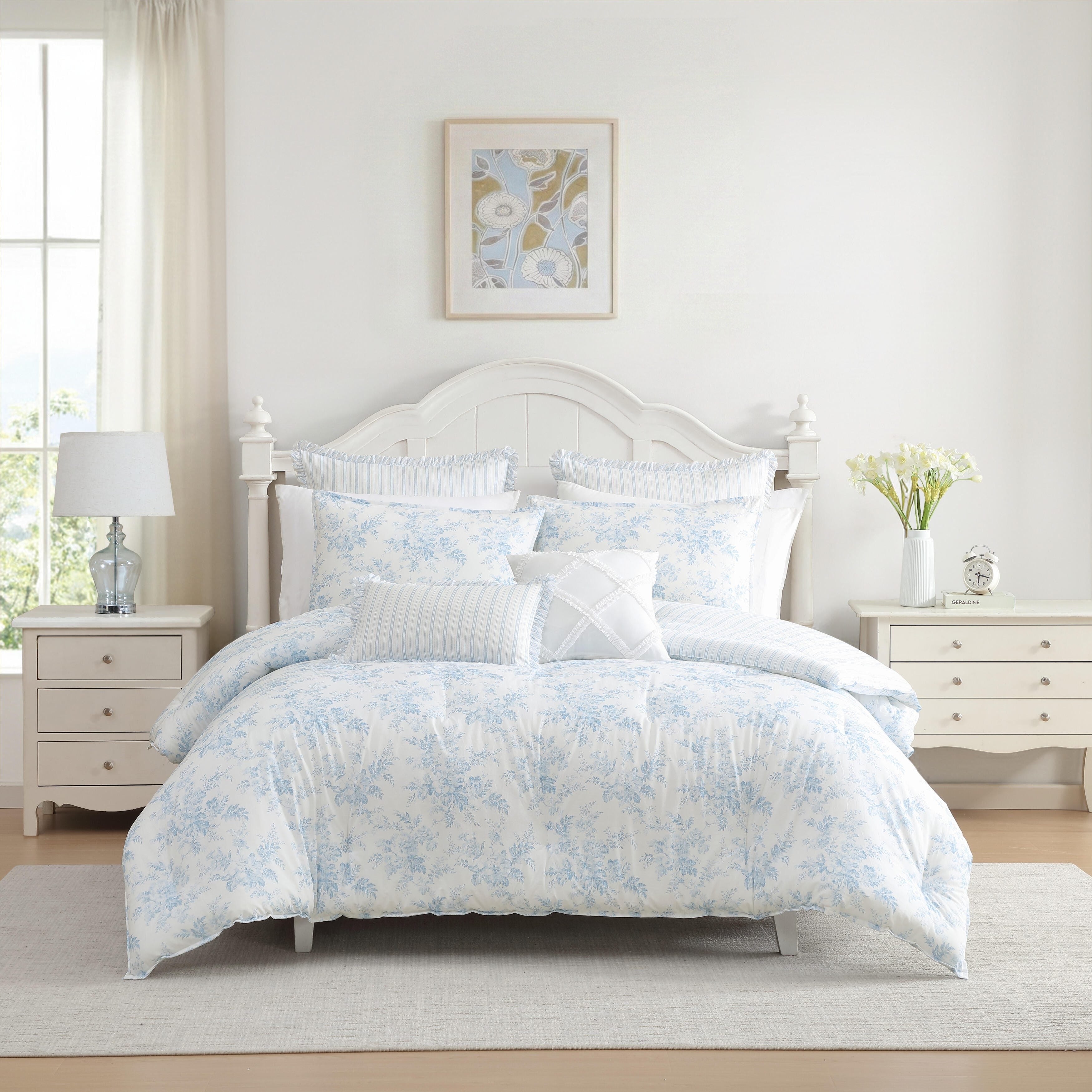 Laura Ashley Annalise Floral Reversible Stripe Breathable Cotton Comforter Set Blue