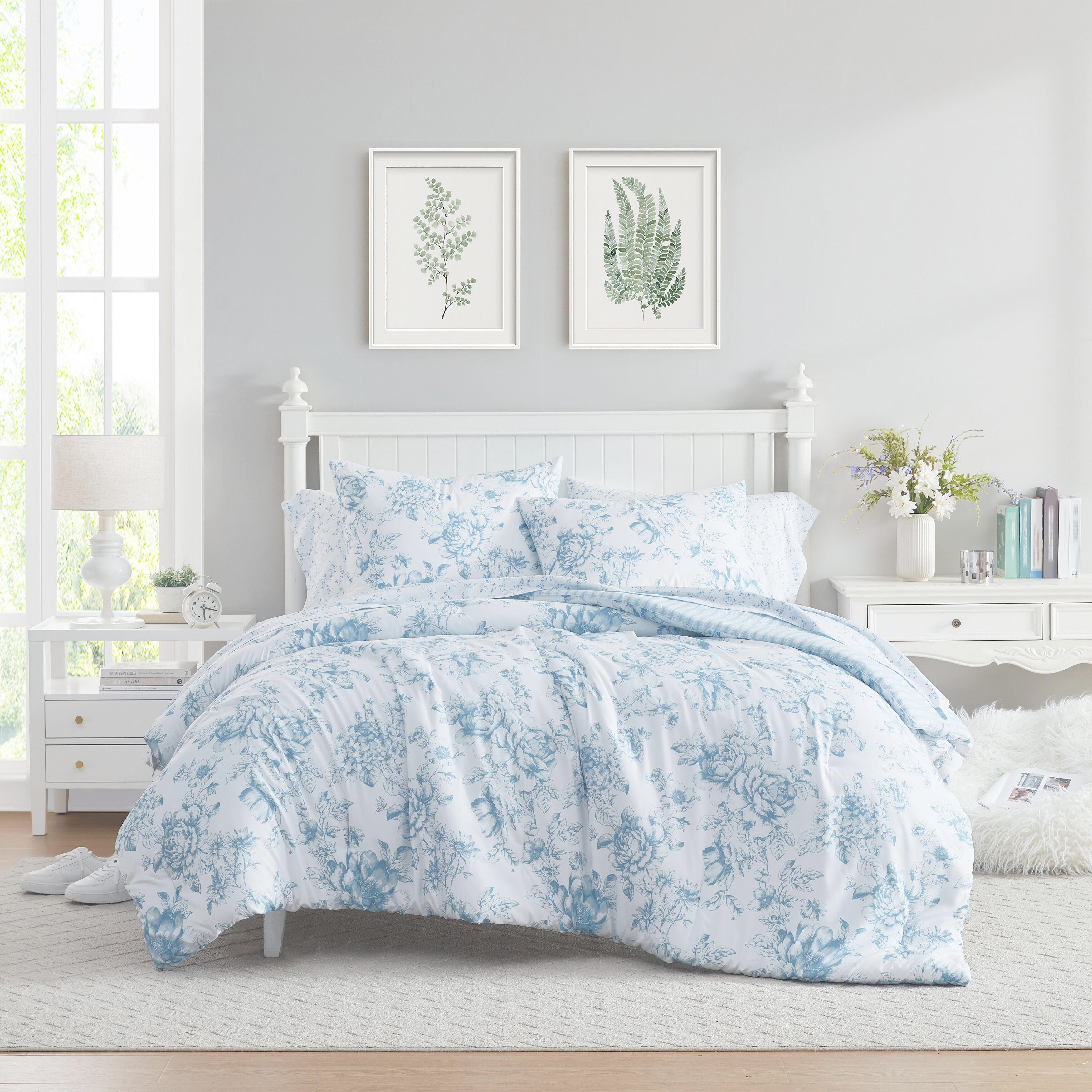 Laura Ashley Delphine Floral Reversible With Stripe Reverse Comforter Set With Sheets Blue