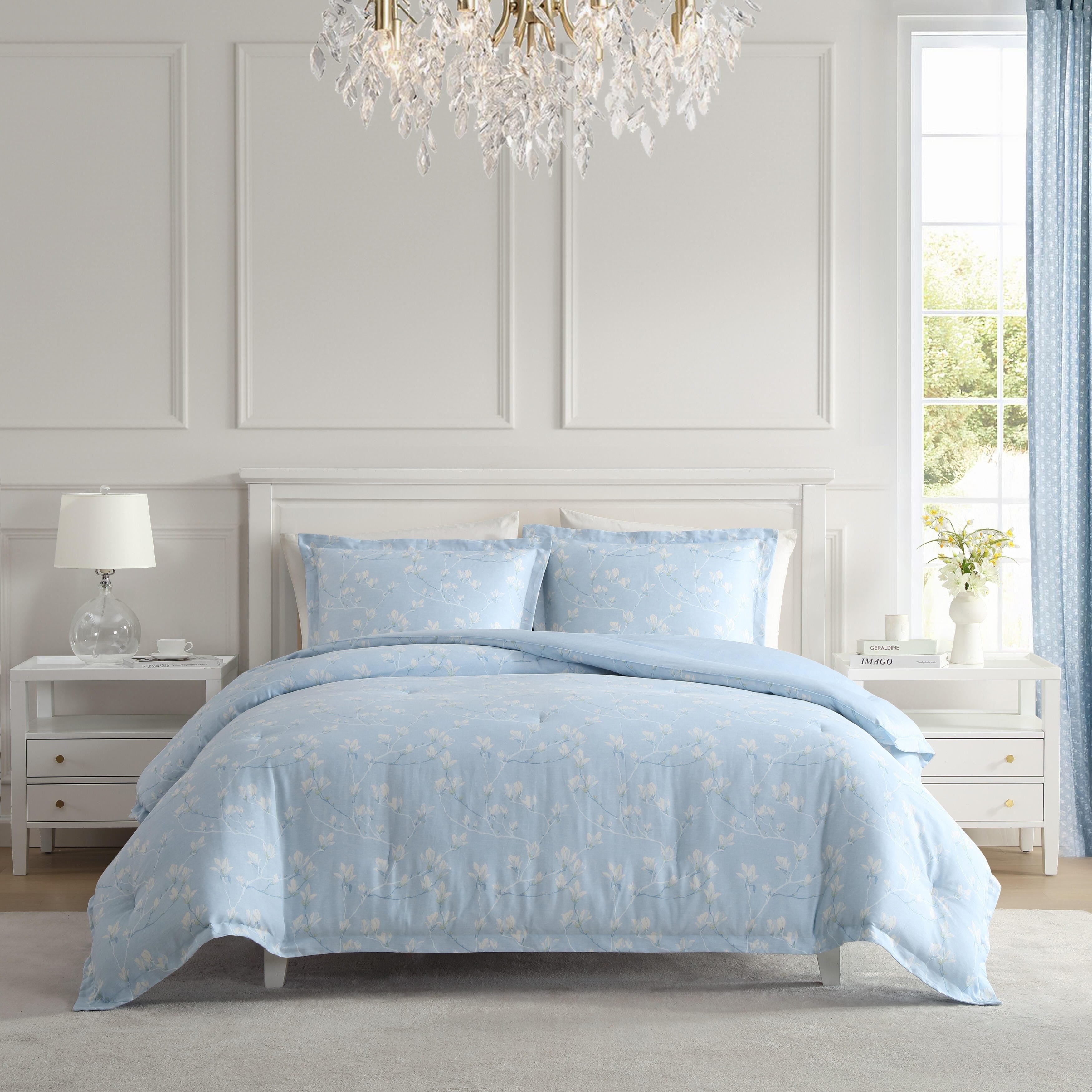 Laura Ashley Magnolia Grove Floral Reversible Breathable Cotton Comforter Set Blue