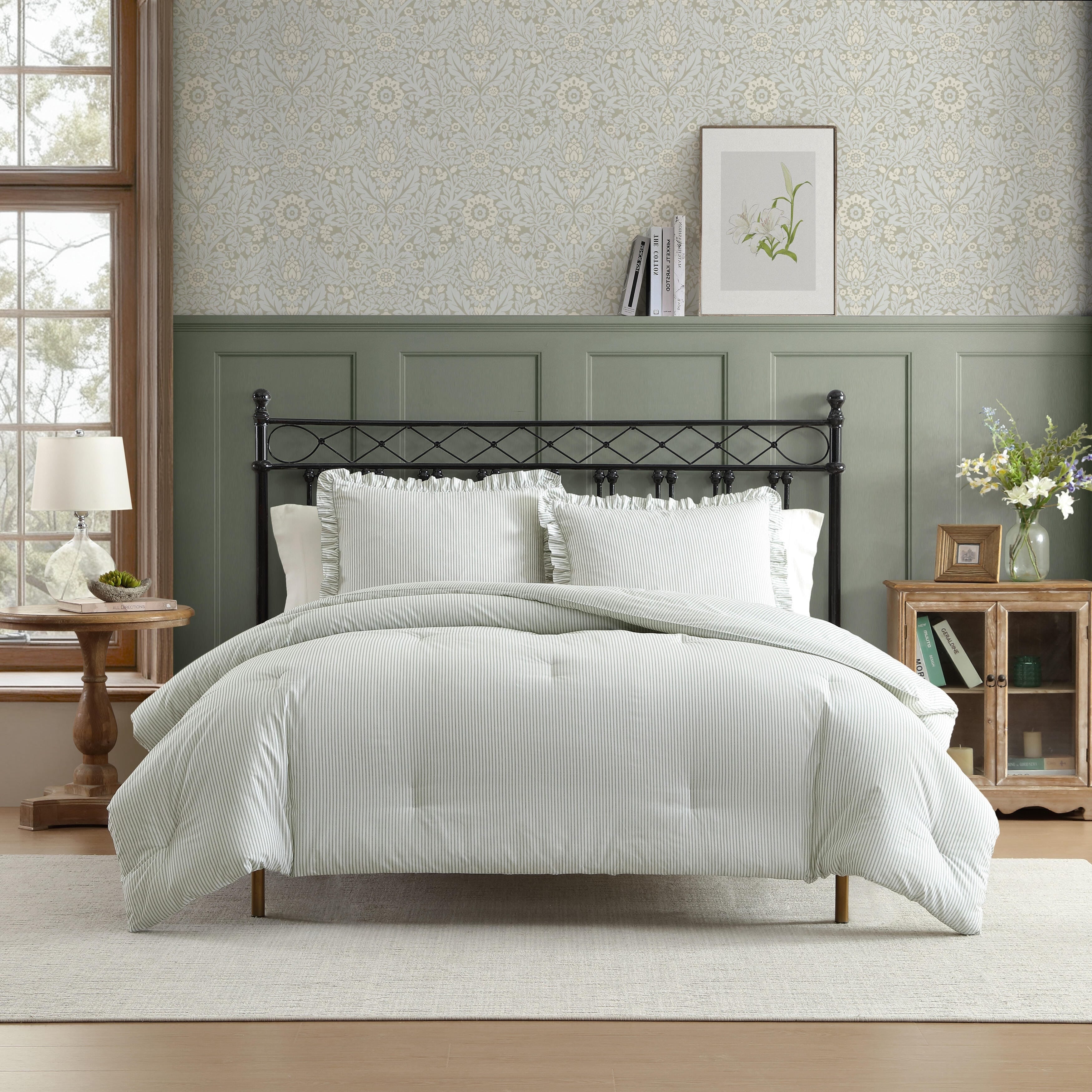Laura Ashley Oxford Stripe Cotton All Season Comforter Set Soft Breathable Green