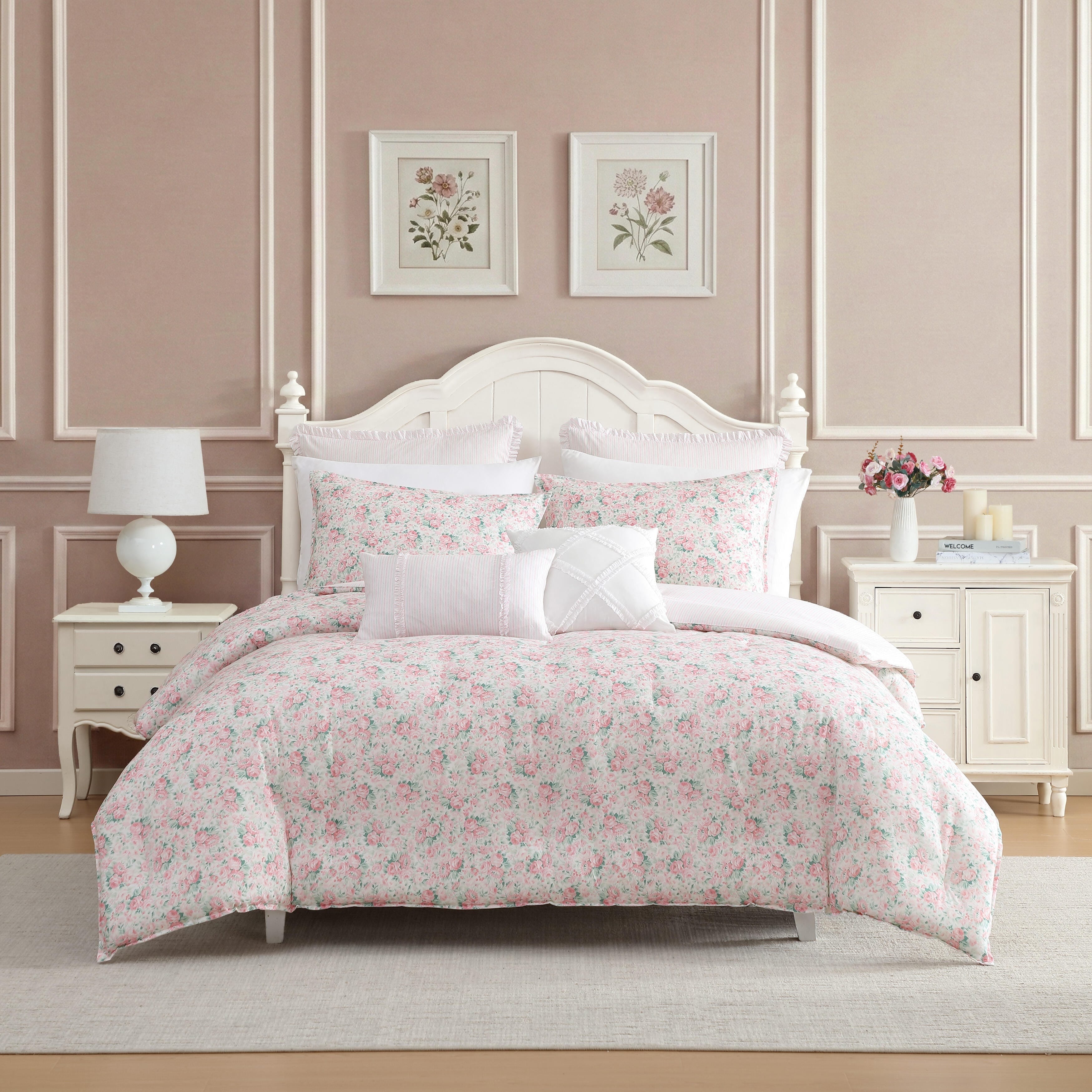 Laura Ashley Pamelas Posies Floral Reversible Stripe Breathable Cotton Comforter Set Pink