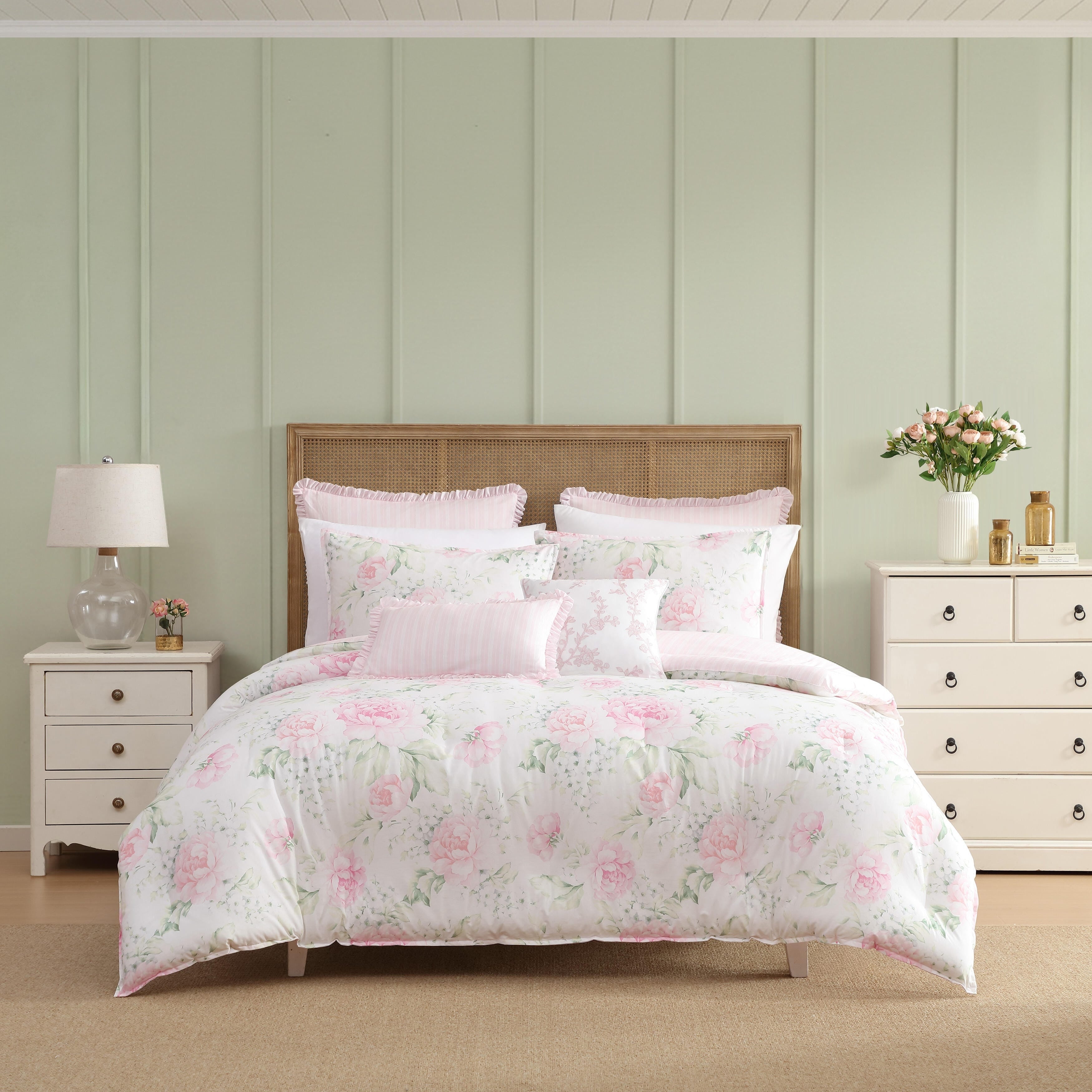 Laura Ashley Serenity Roses Floral Cotton Comforter Set Reversible Pink