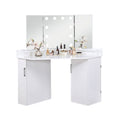 Laura Vanity Desk Set 3 Panel Mirror 10 Light Bulbs White Solid Wood