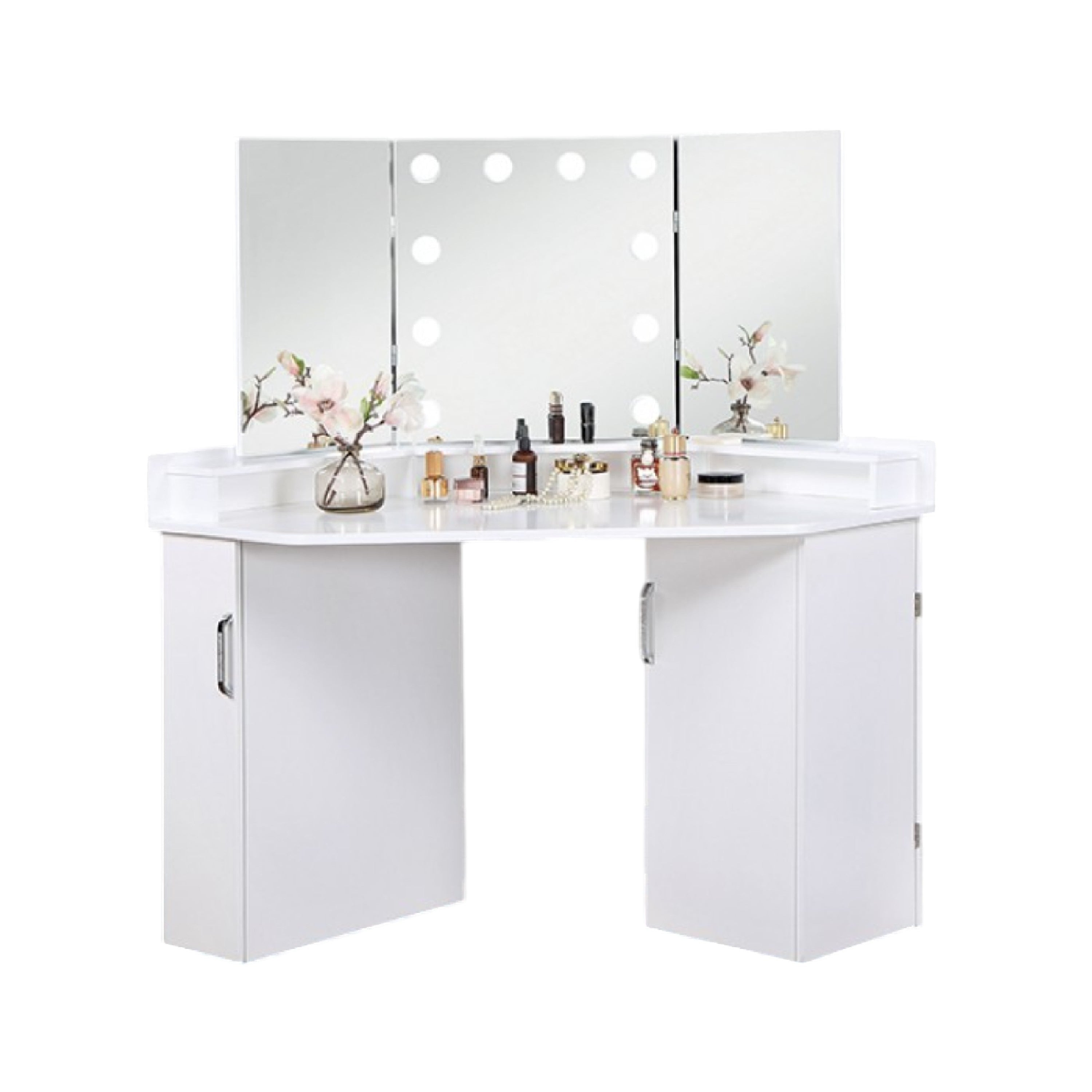 Laura Vanity Desk Set 3 Panel Mirror 10 Light Bulbs White Solid Wood
