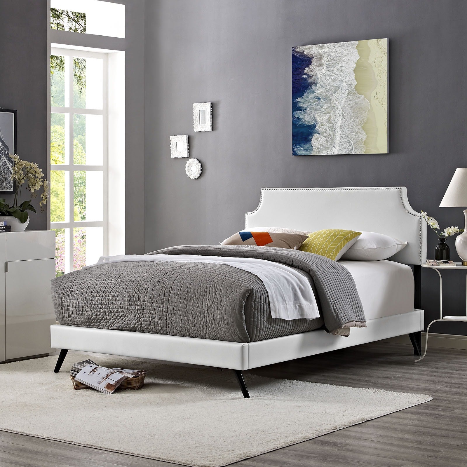 Laura White Vinyl Platform Bed With Round Splayed Legs
