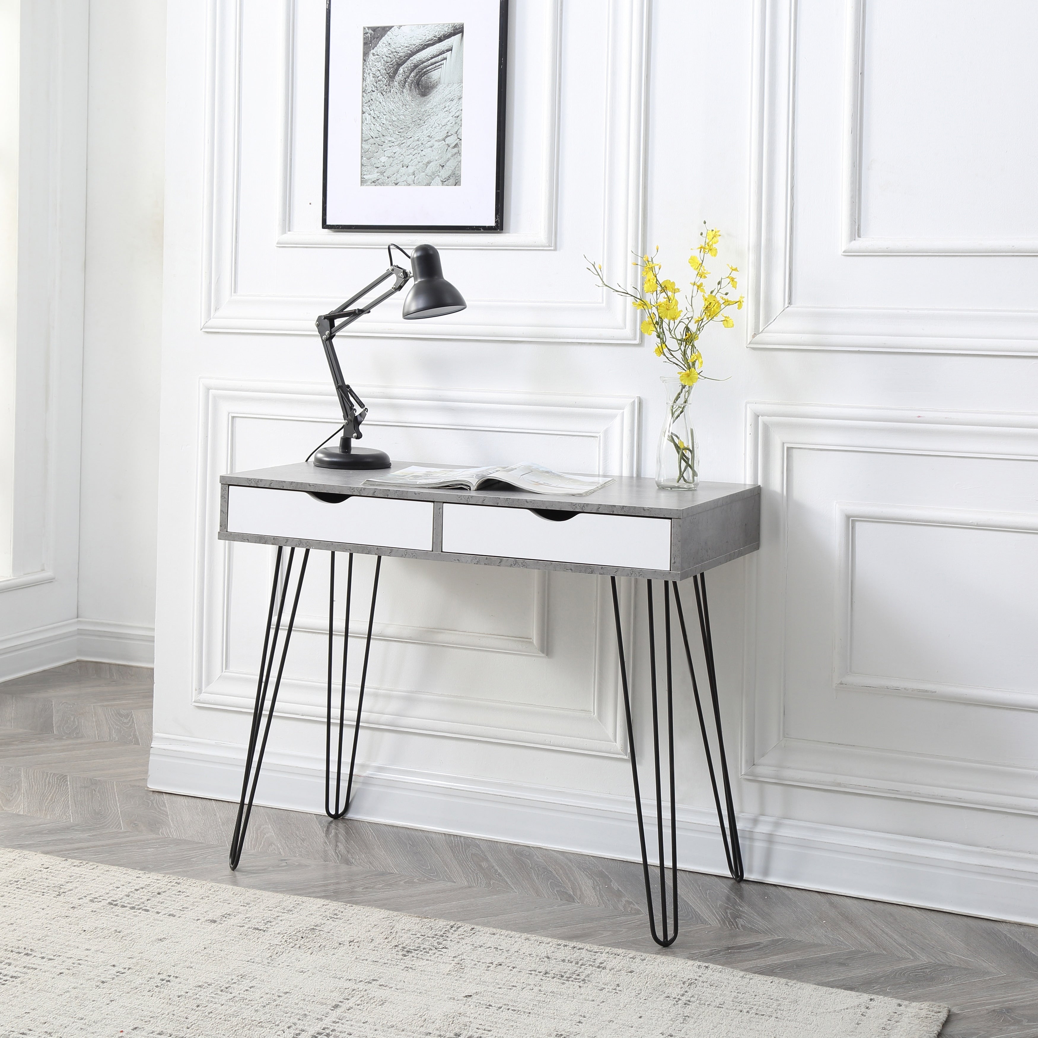 Grey Mid Century Modern Laurel Home Office Desk With Storage Drawers