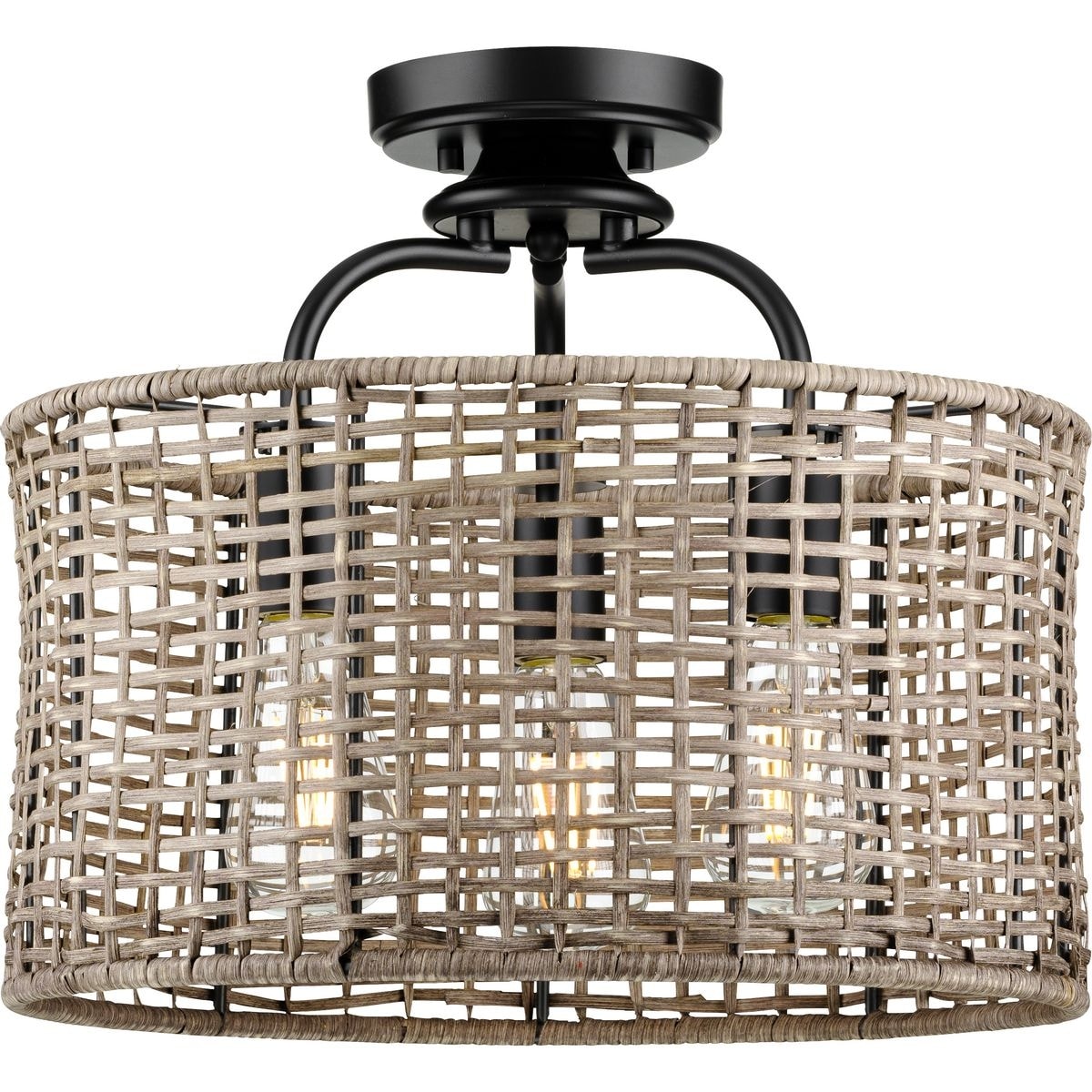 Lavelle Collection 3 Light Rattan Black Semi Flush Mount Ceiling Light 15.625 In X 15.625 In X 14.375 In