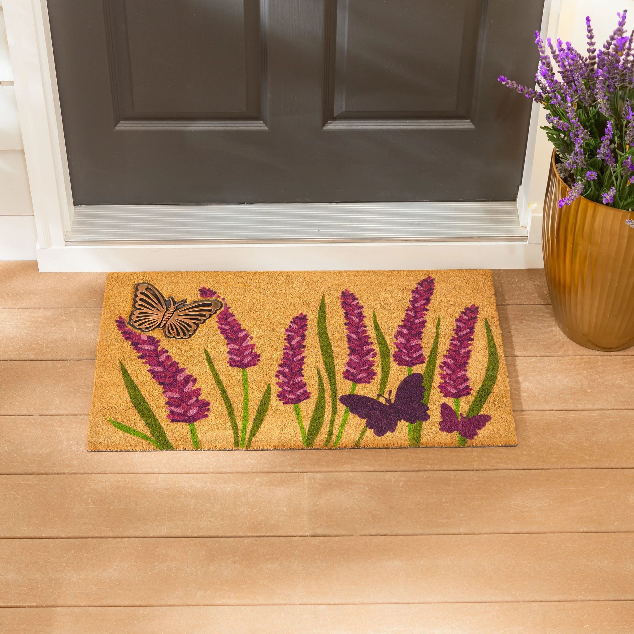 Lavender Field Coir Door Mat With Embossed Butterfly 30 X 18 30 X 18