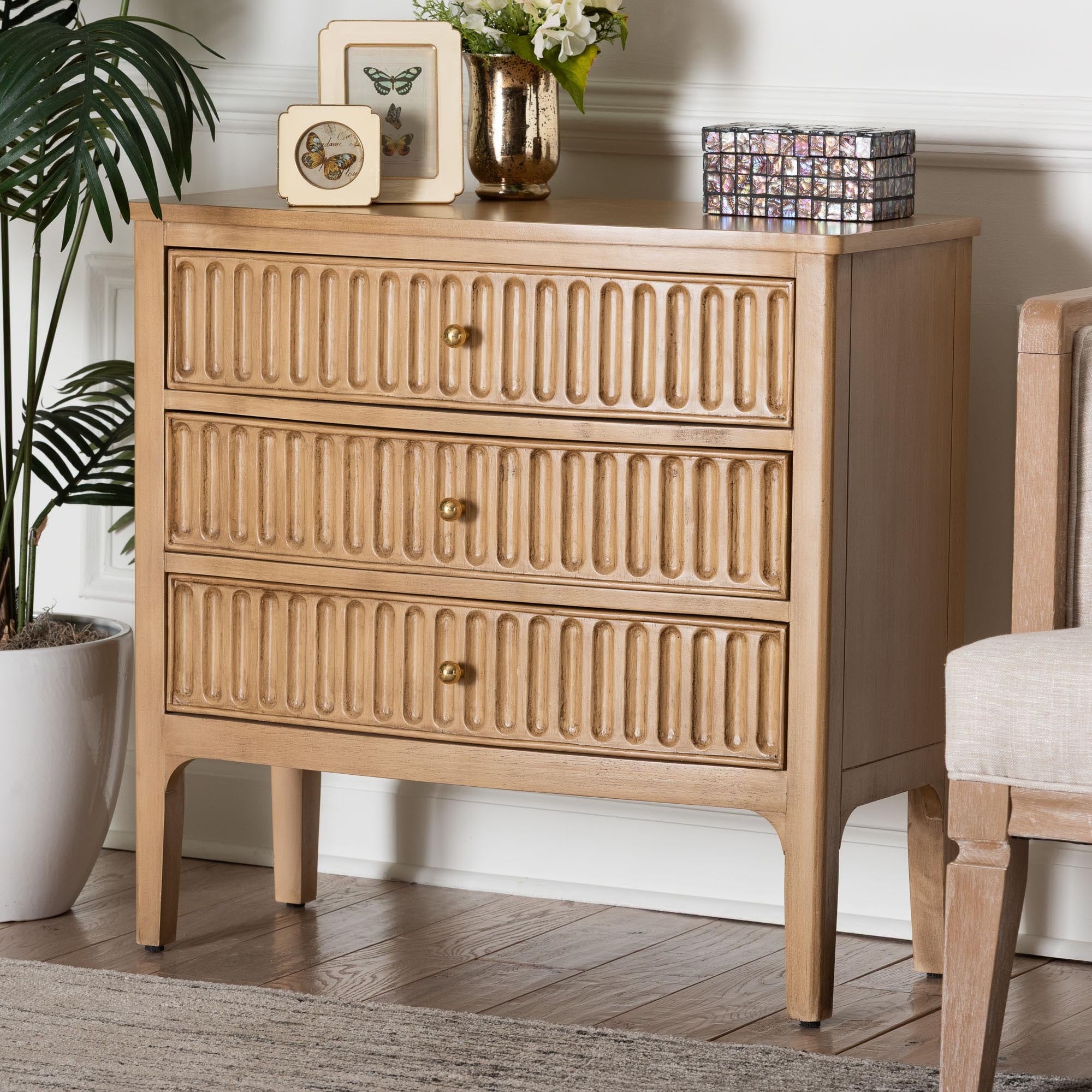 Lavi Fluted Wood Chest 3 Drawer Storage Chest With Textured Drawer Fronts And Round Knobs For Bedroom