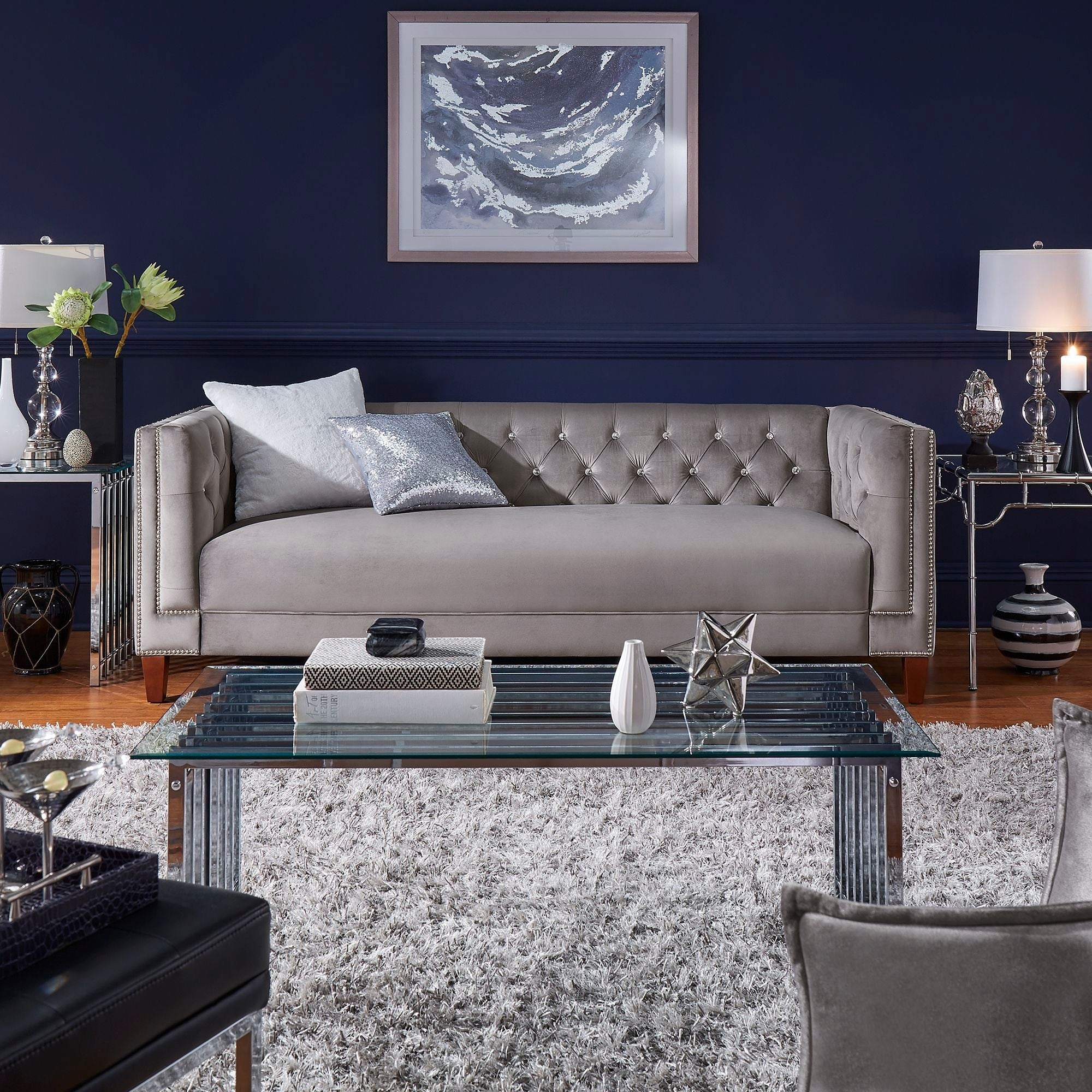 Layla Jewel Tufted Grey Velvet Seating With Nailhead Trim By Inspire Q Bold