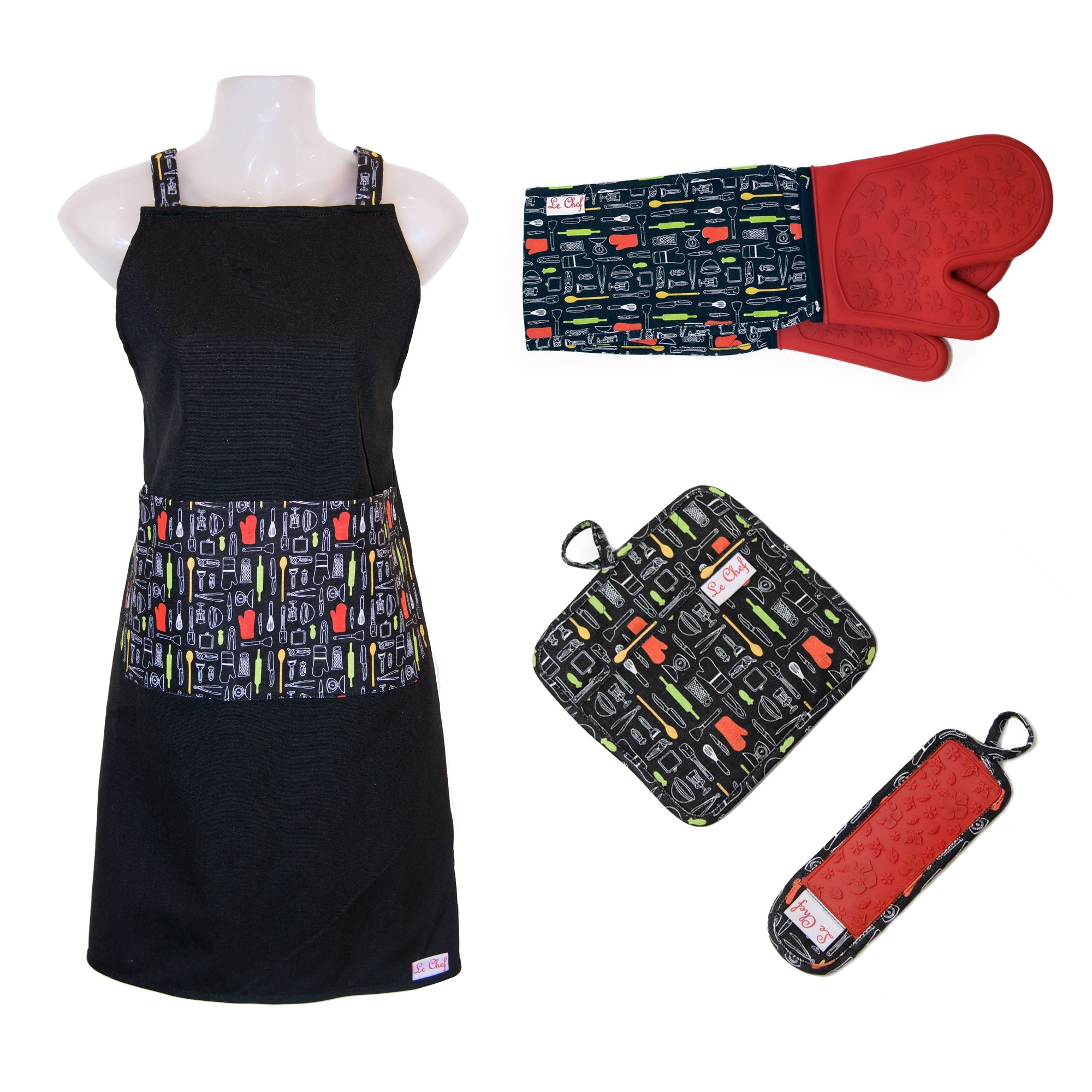 Le Chef 4 Piece Floral Print Kitchen Tools Apron Set