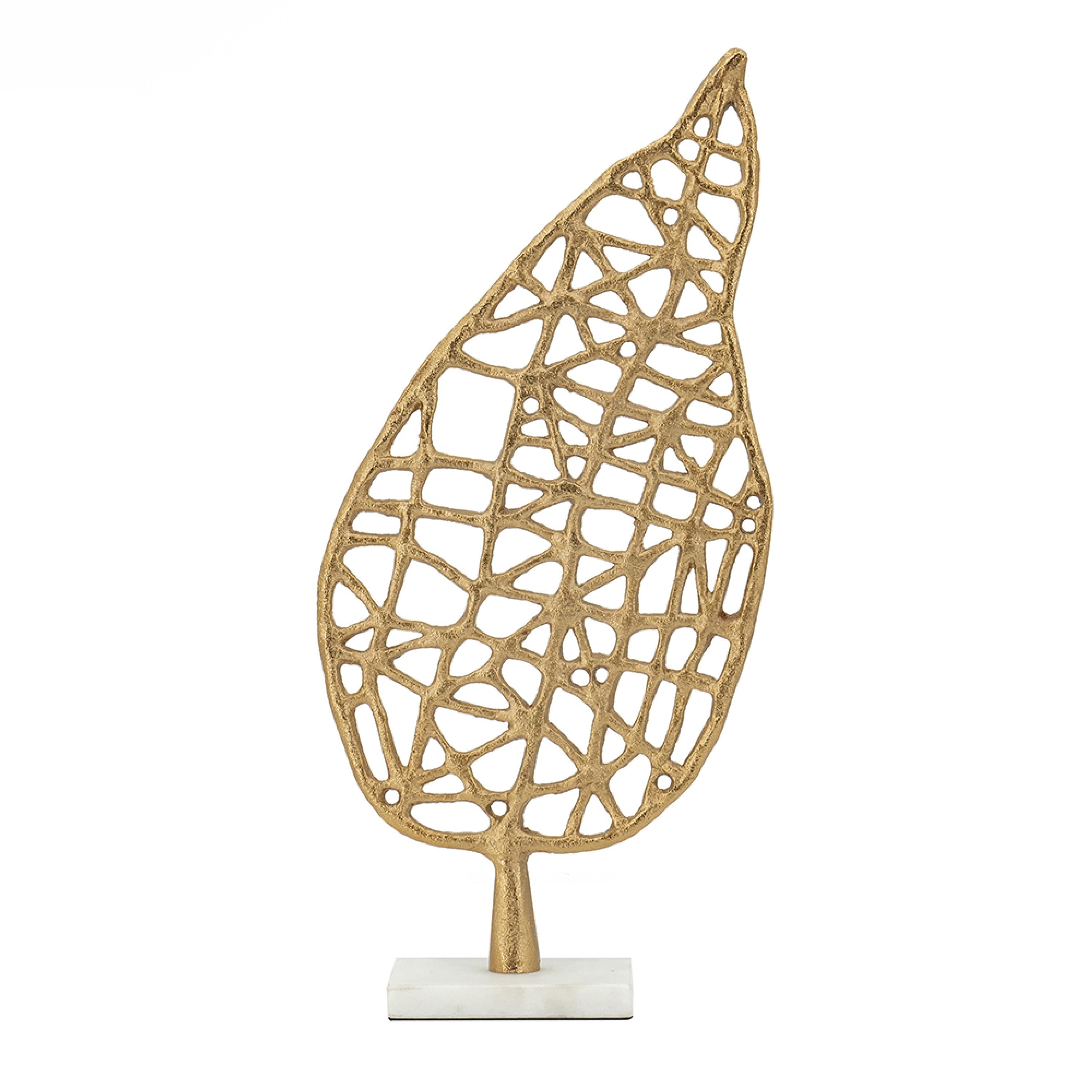 Leaf Tabletop Decor Sculpture 16 Inch Gold Metal On White Marble Base