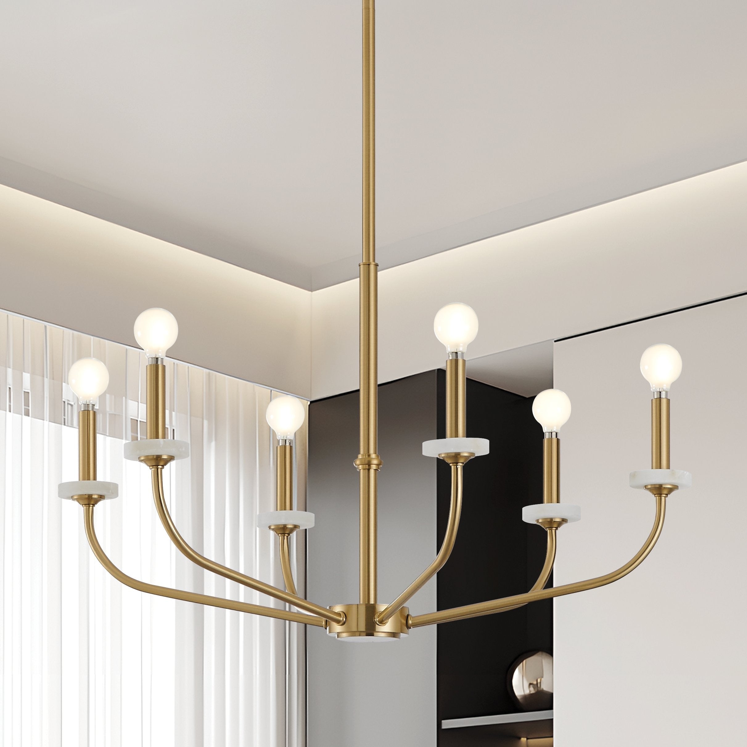 Leah 30 Inch 6 Light Brushed Gold And White Onyx Chandelier L 30 X W 30 X H 18.5 X M H 75.25